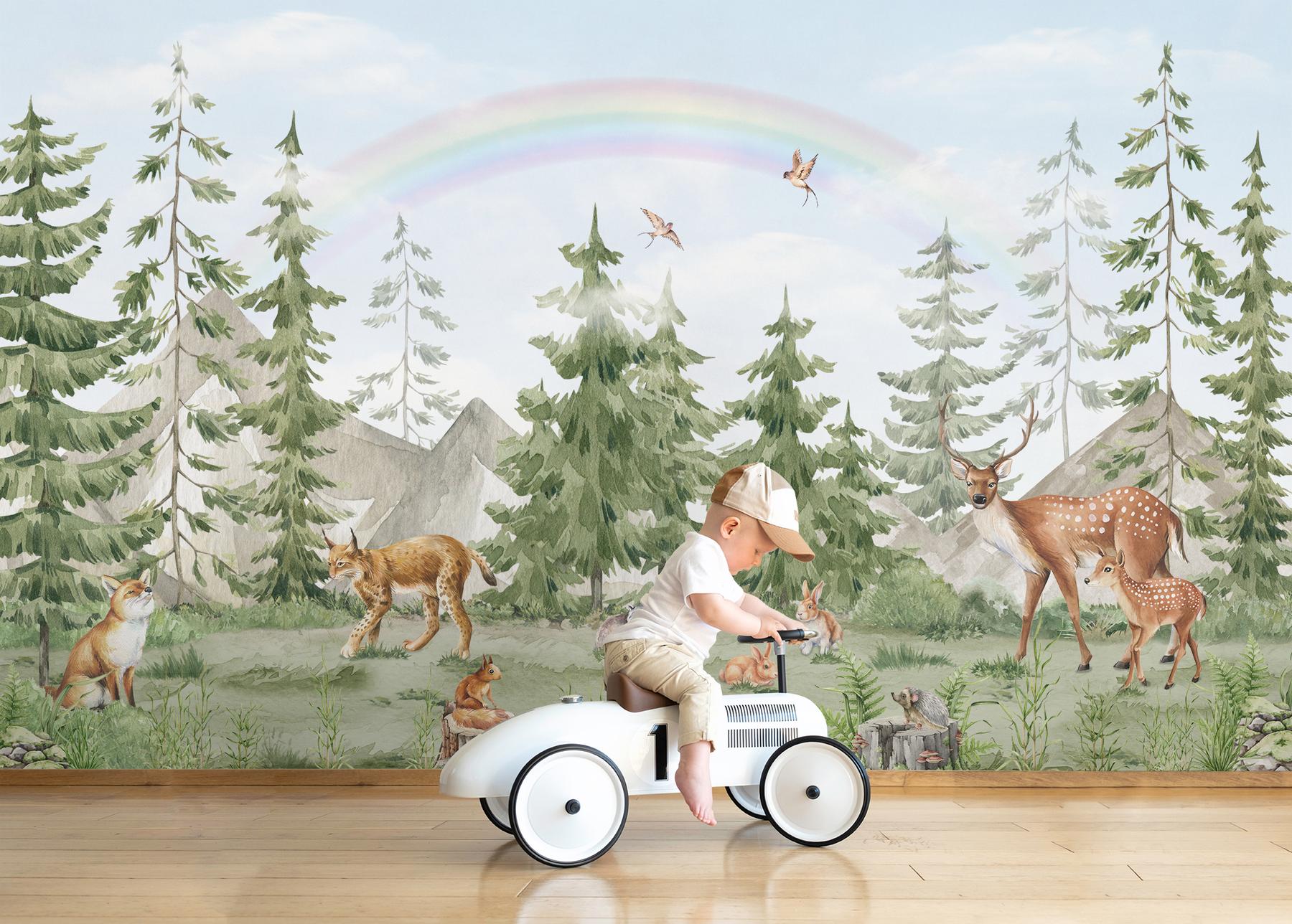 Whimsical Forest Wildlife with Rainbow Kids Wallpaper Mural