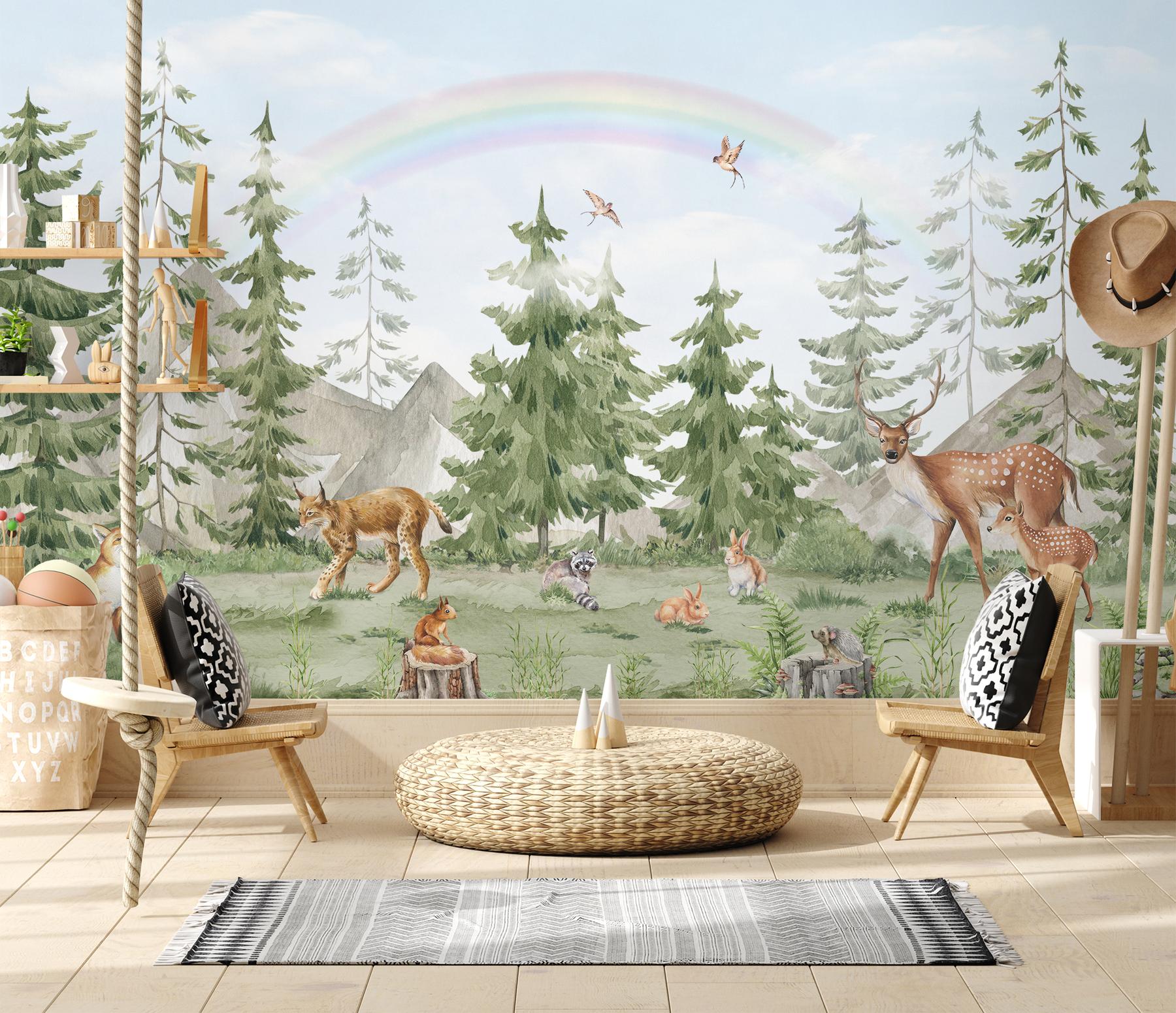 Whimsical Forest Wildlife with Rainbow Kids Wallpaper Mural