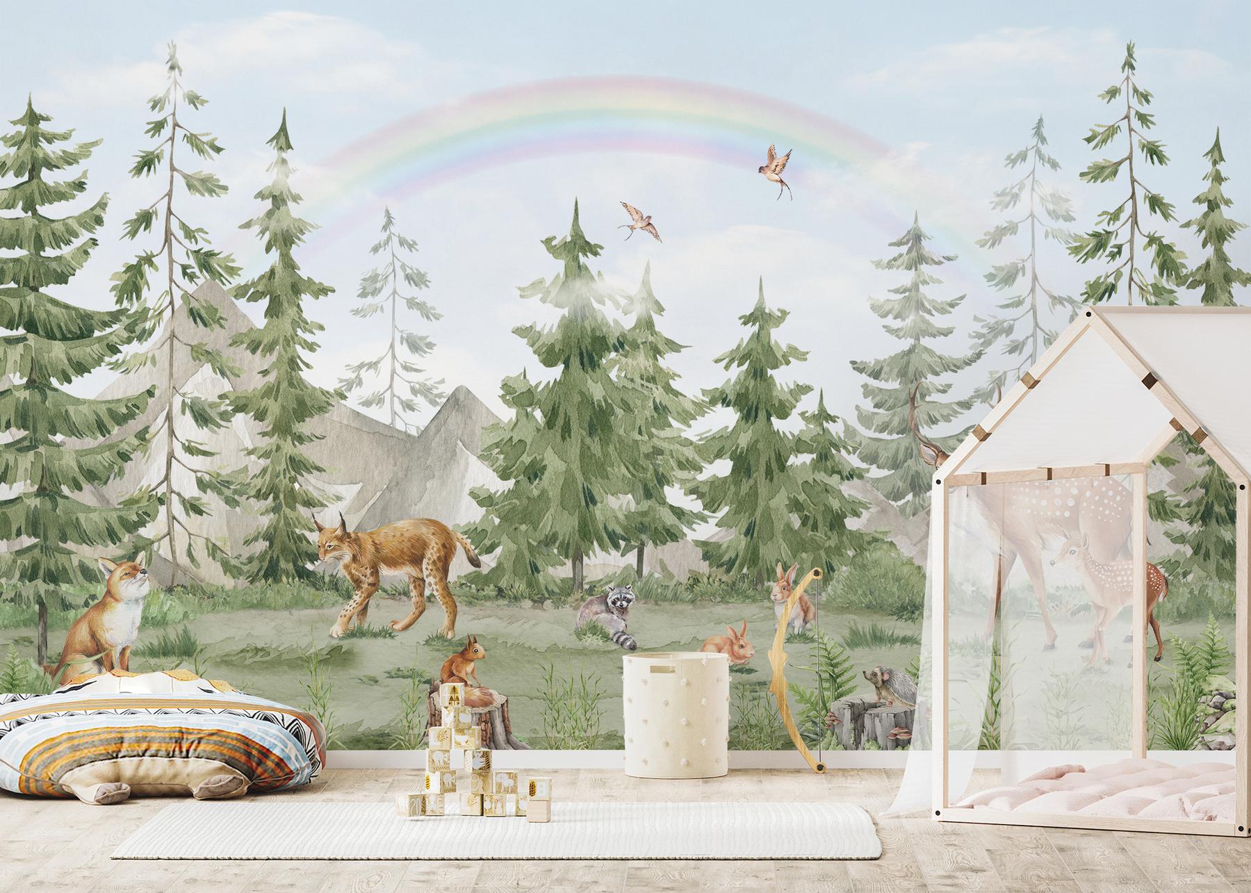 Whimsical Forest Wildlife with Rainbow Kids Wallpaper Mural