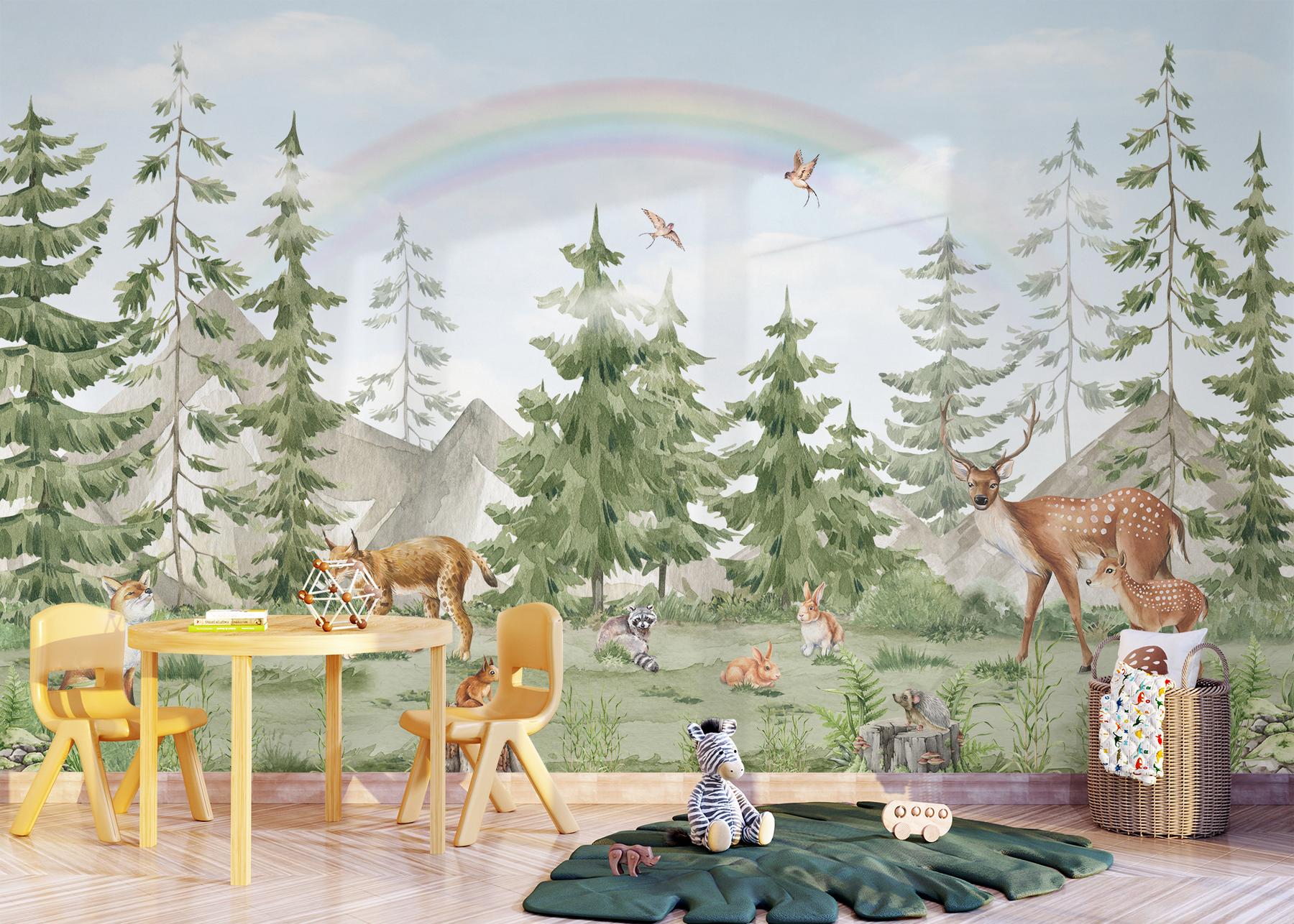 Whimsical Forest Wildlife with Rainbow Kids Wallpaper Mural