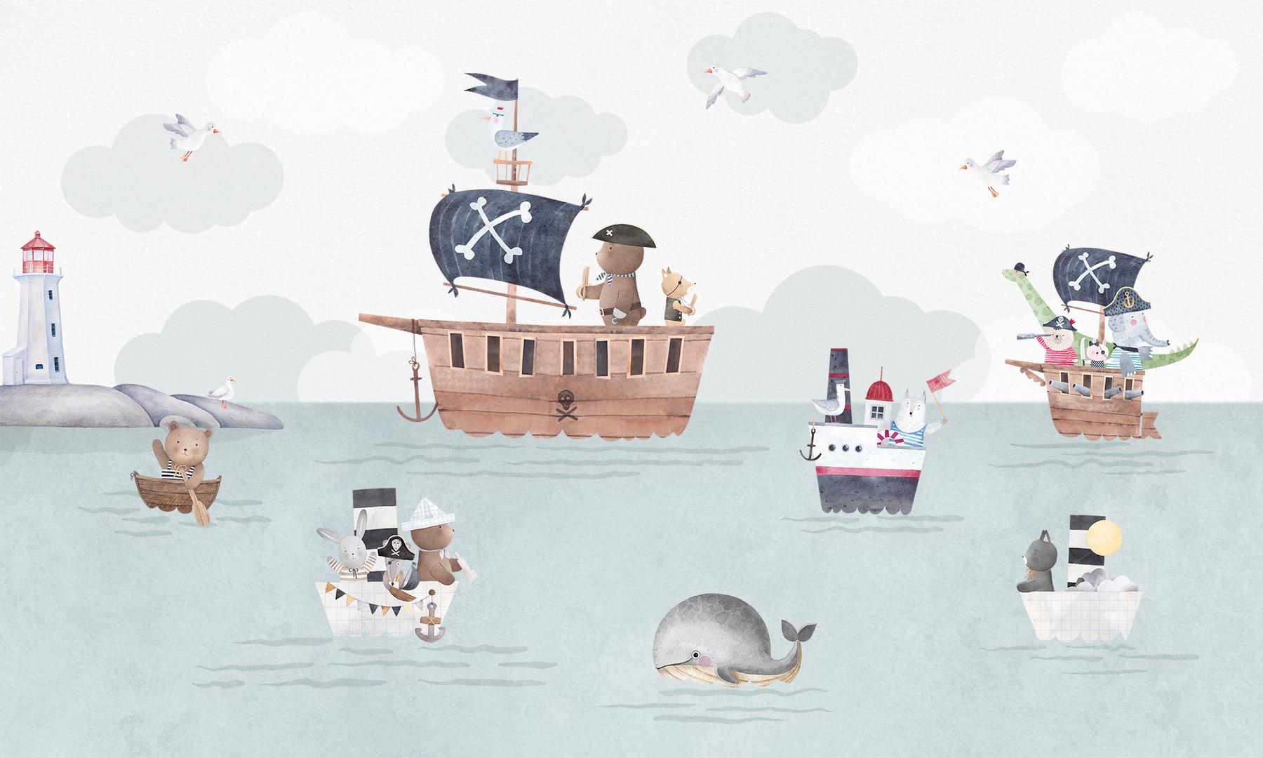 Adventurous Nautical Animals Kids Wallpaper Mural