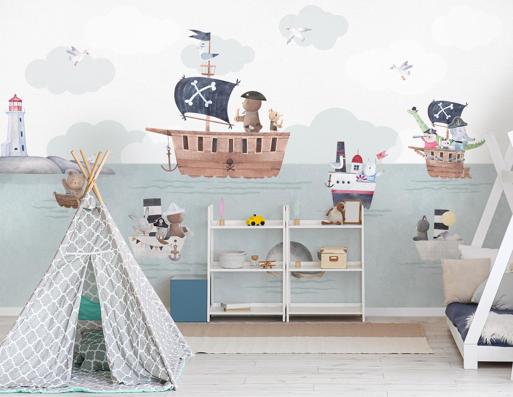 Adventurous Nautical Animals Kids Wallpaper Mural
