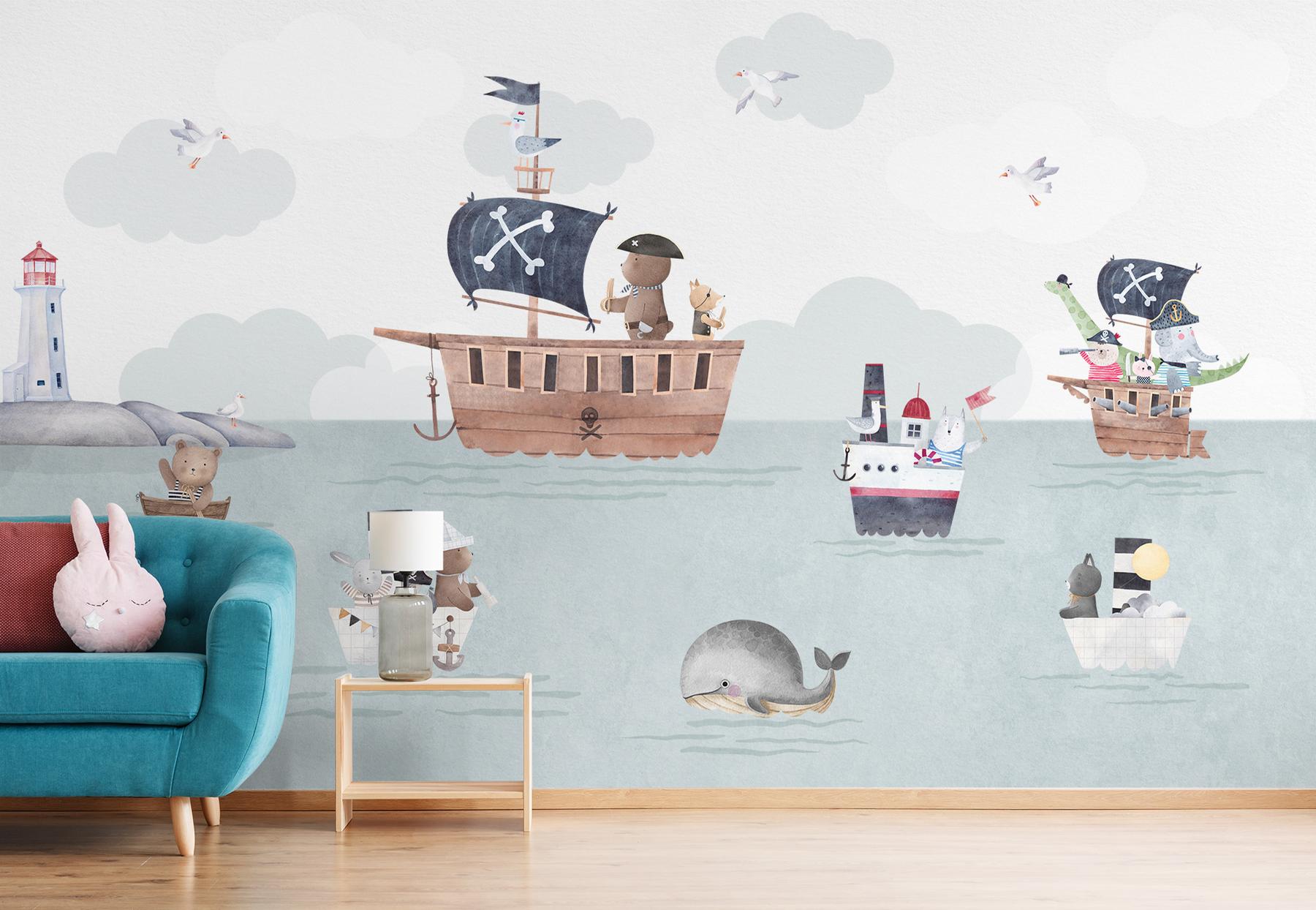 Adventurous Nautical Animals Kids Wallpaper Mural