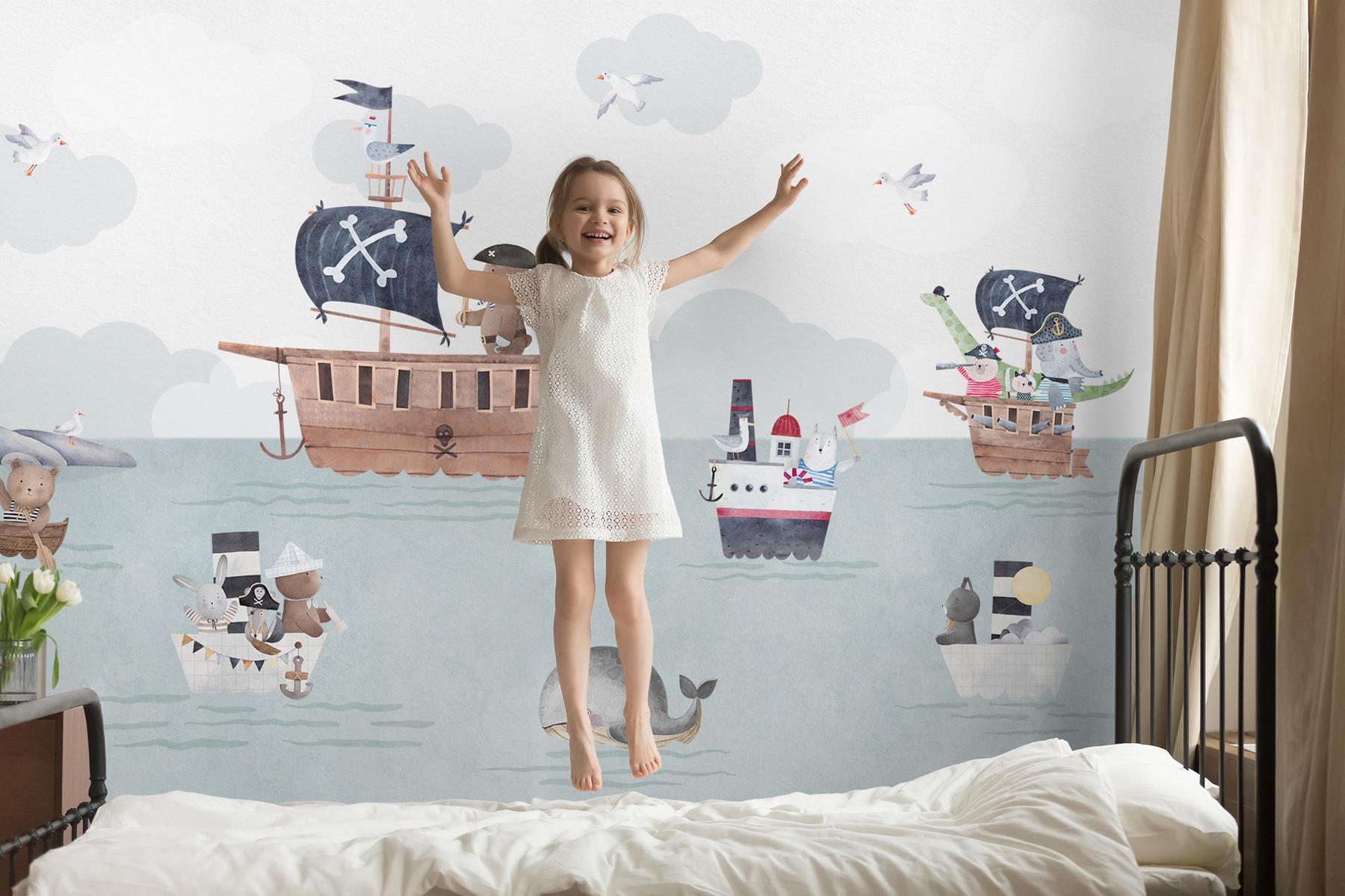 Adventurous Nautical Animals Kids Wallpaper Mural