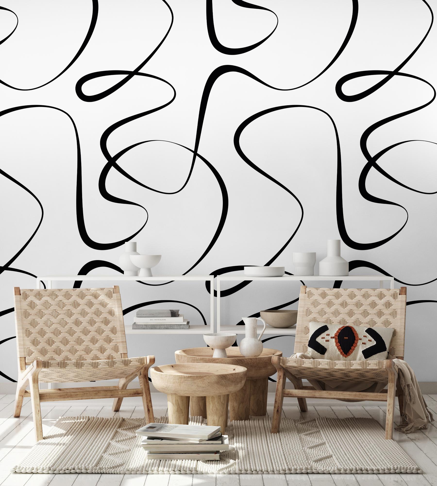 Abstract Black and White Line Art Wallpaper Mural