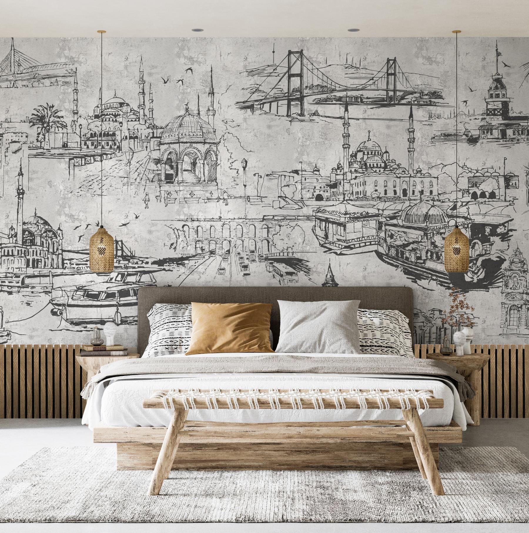 Vintage Cityscape Sketch Wallpaper Mural