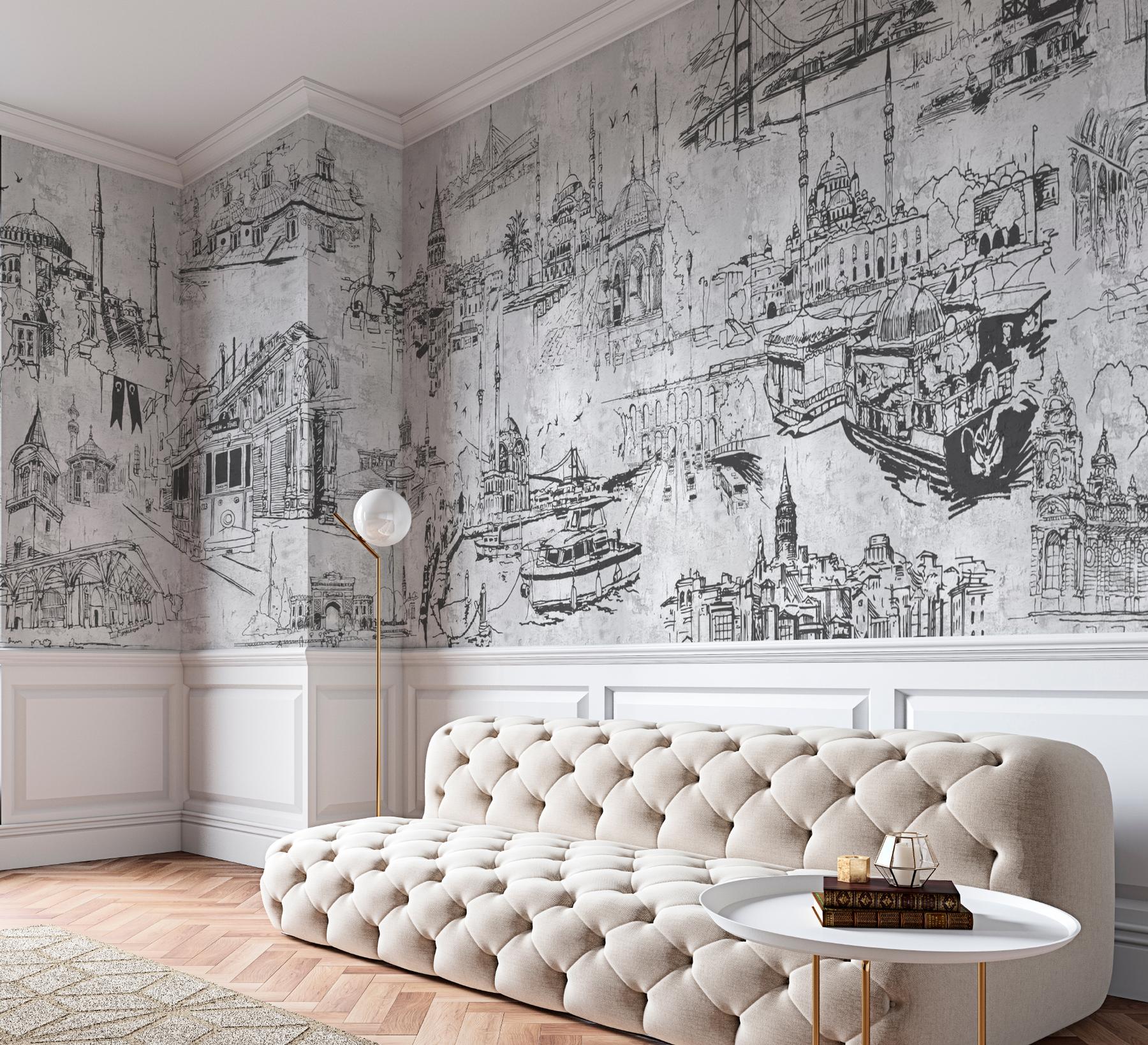 Vintage Cityscape Sketch Wallpaper Mural