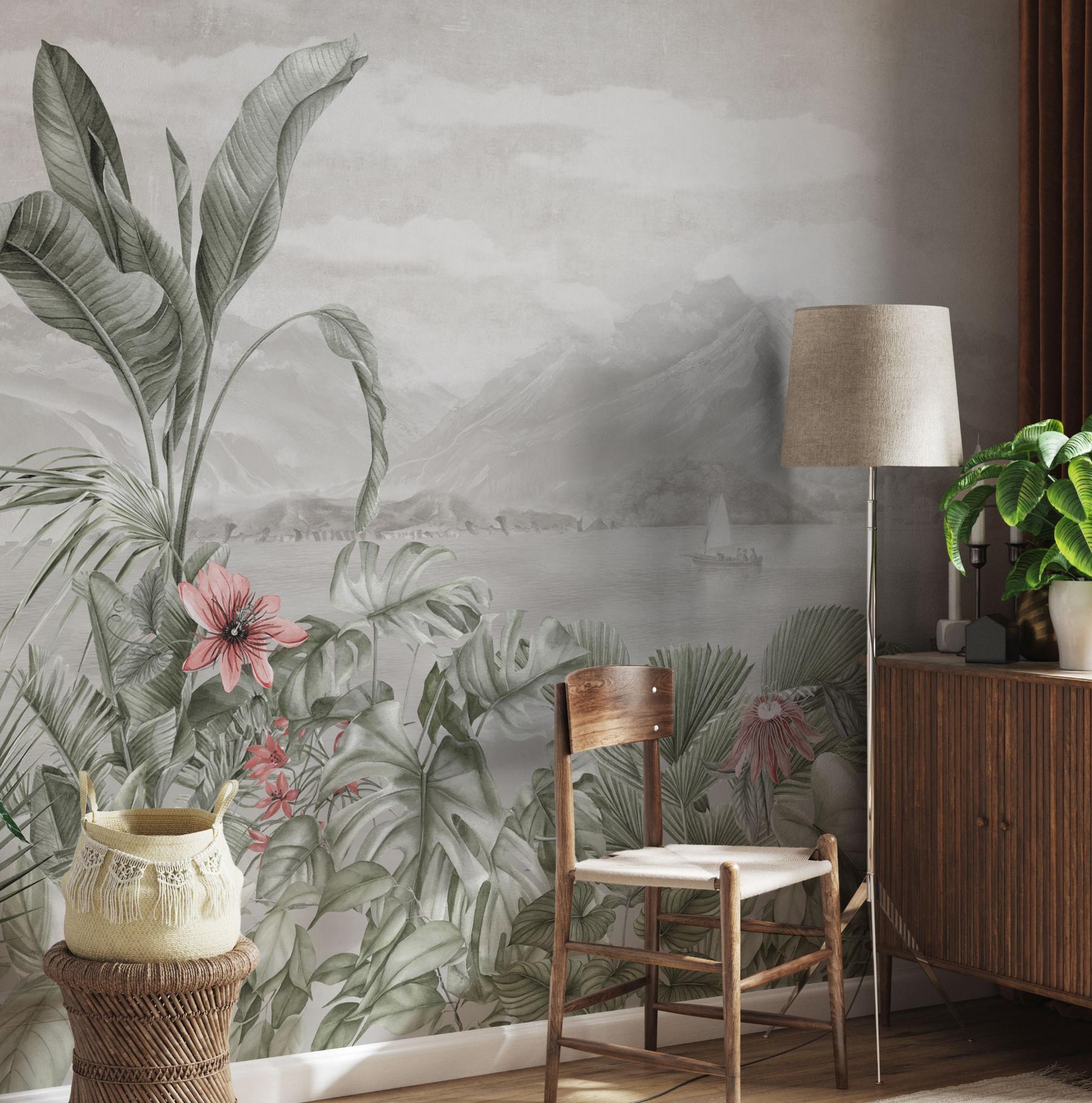 Serene Botanical Mountain Landscape Wallpaper Mural