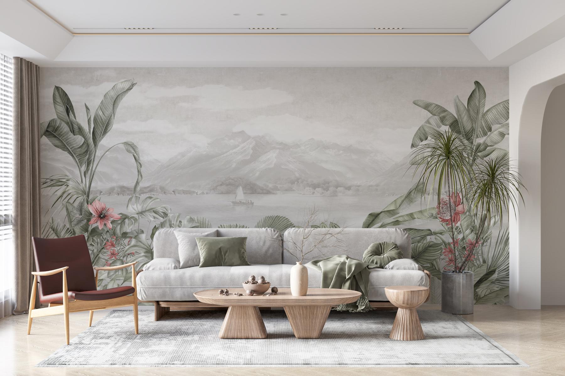 Serene Botanical Mountain Landscape Wallpaper Mural
