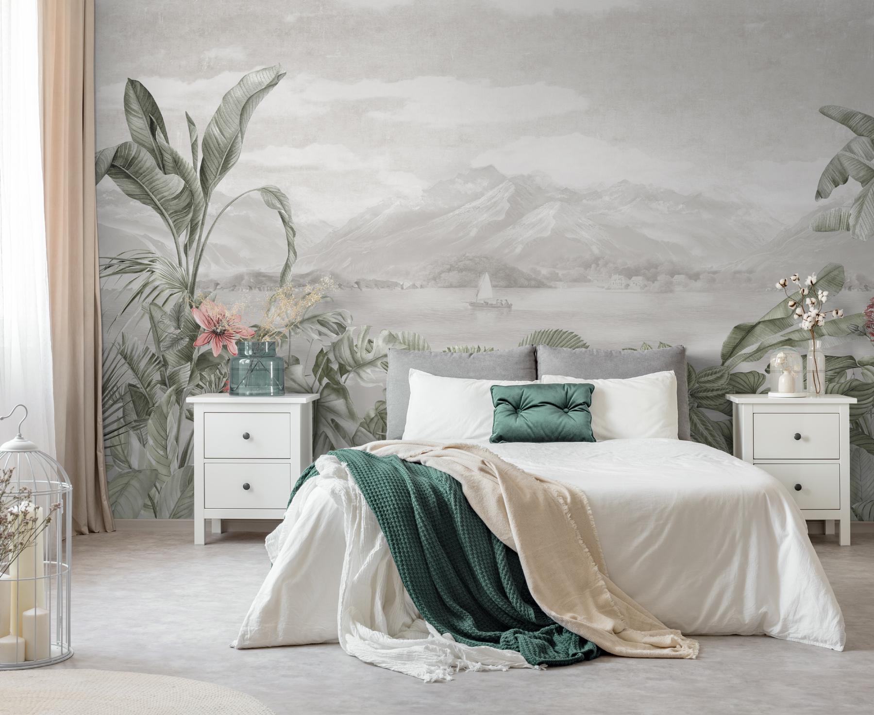 Serene Botanical Mountain Landscape Wallpaper Mural