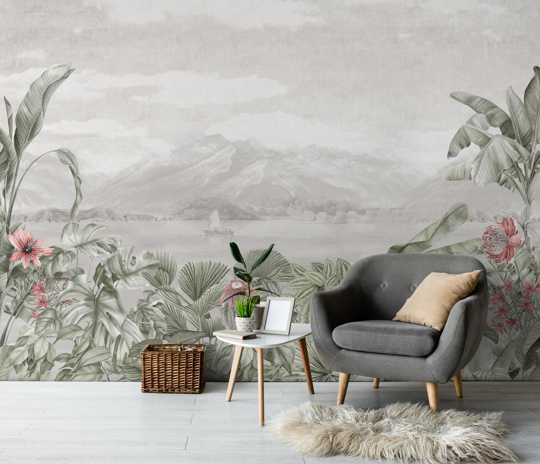 Serene Botanical Mountain Landscape Wallpaper Mural
