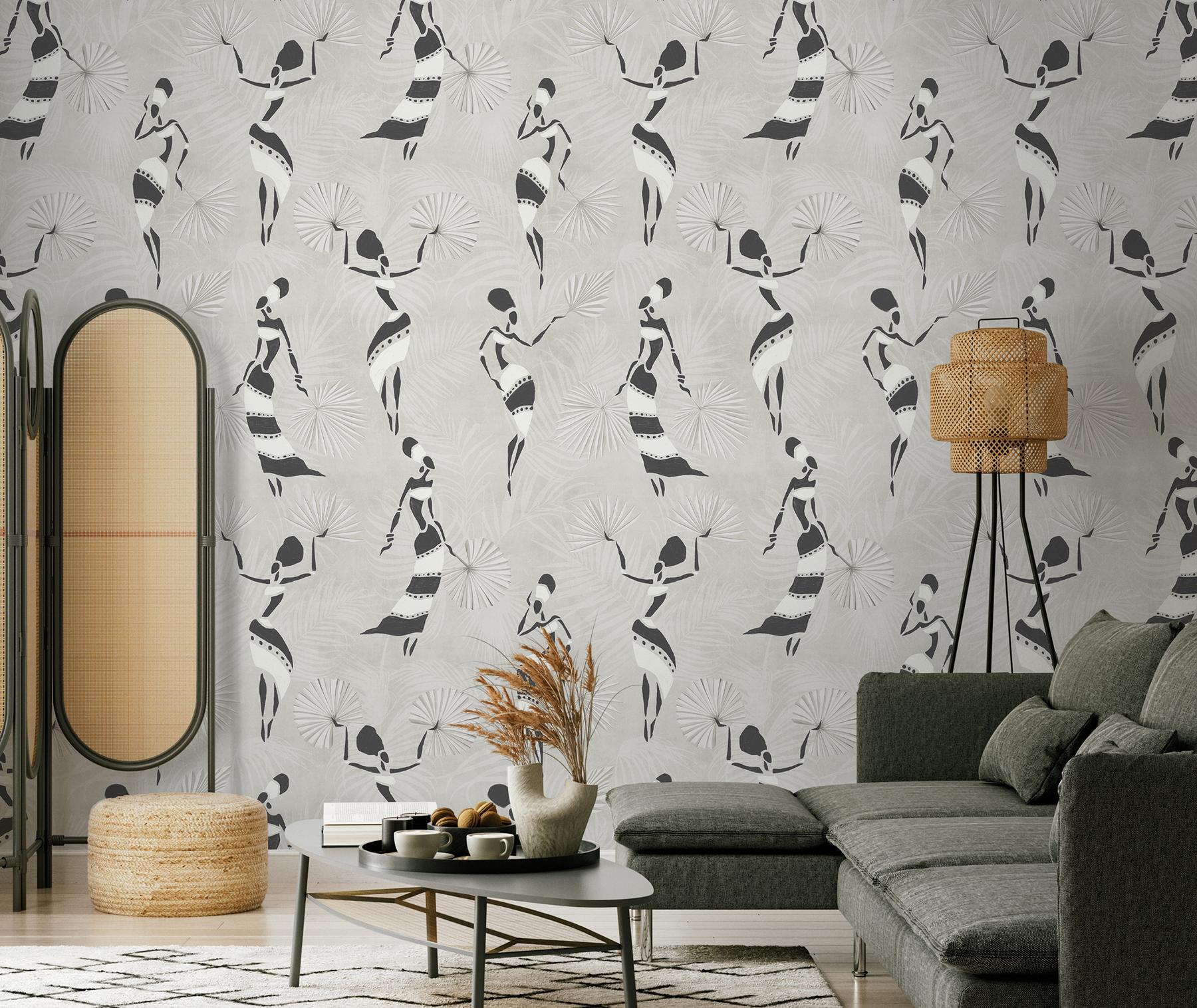 African Dance Silhouette Botanical Wallpaper Mural