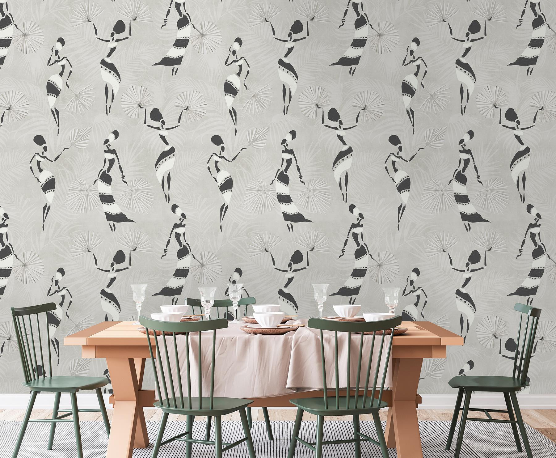 African Dance Silhouette Botanical Wallpaper Mural