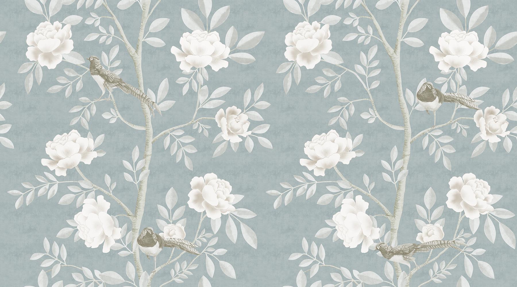 Serene Chinoiserie Garden Birds Wallpaper Mural