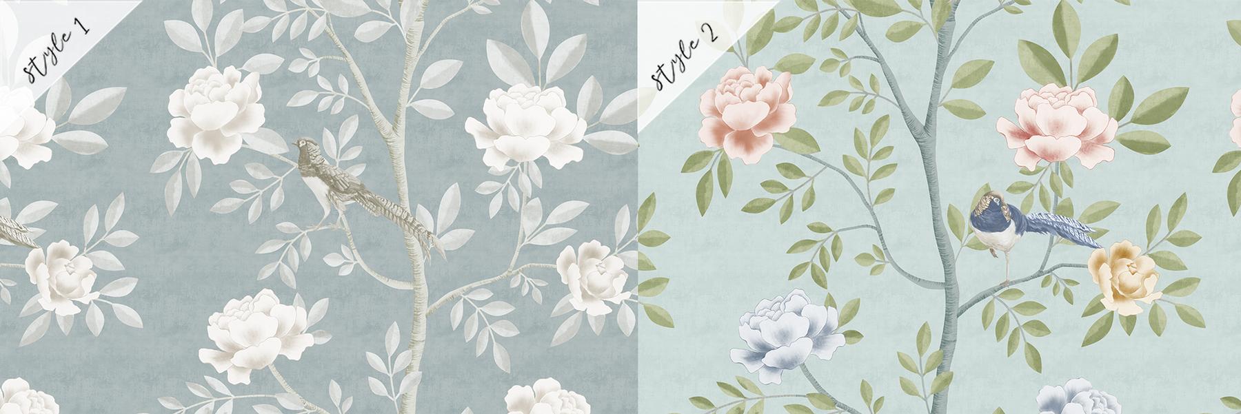 Serene Chinoiserie Garden Birds Wallpaper Mural