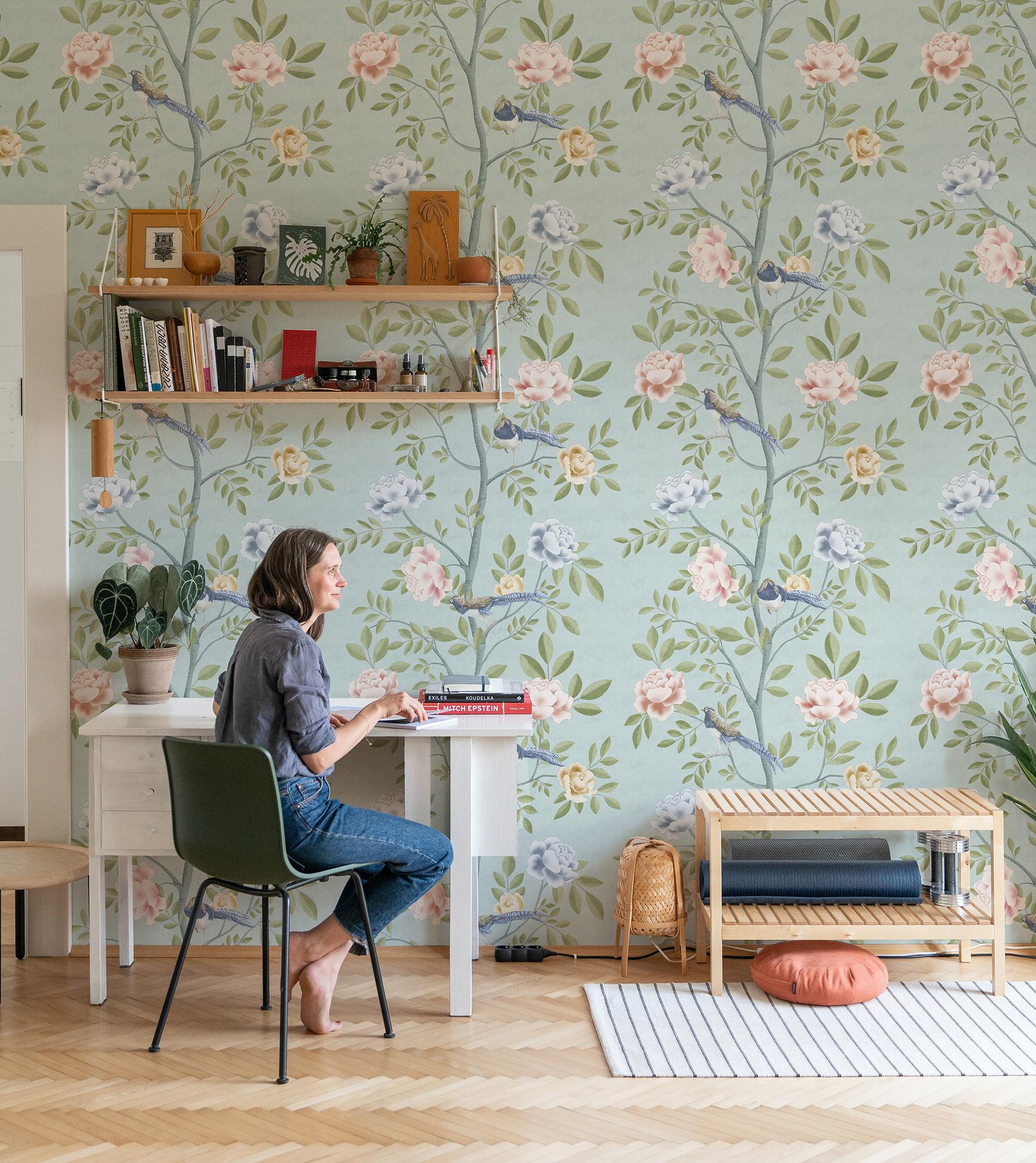 Serene Chinoiserie Garden Birds Wallpaper Mural