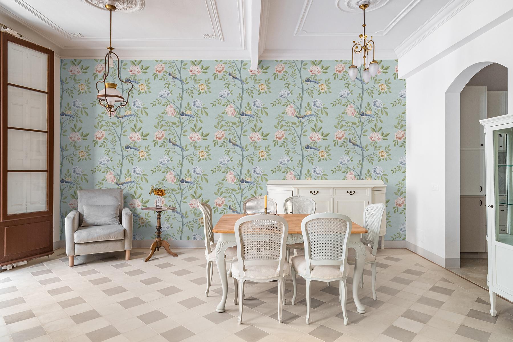 Serene Chinoiserie Garden Birds Wallpaper Mural