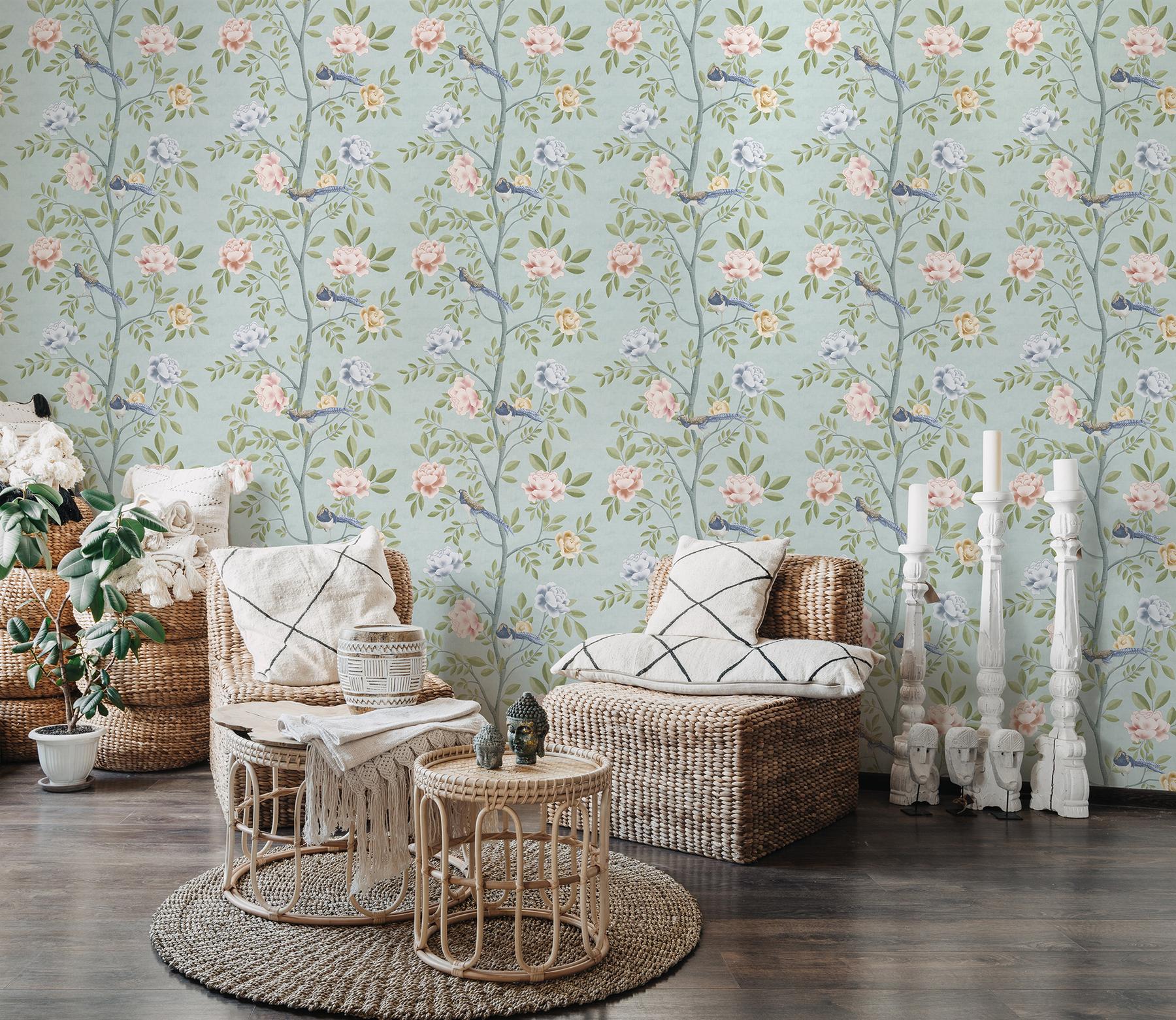Serene Chinoiserie Garden Birds Wallpaper Mural