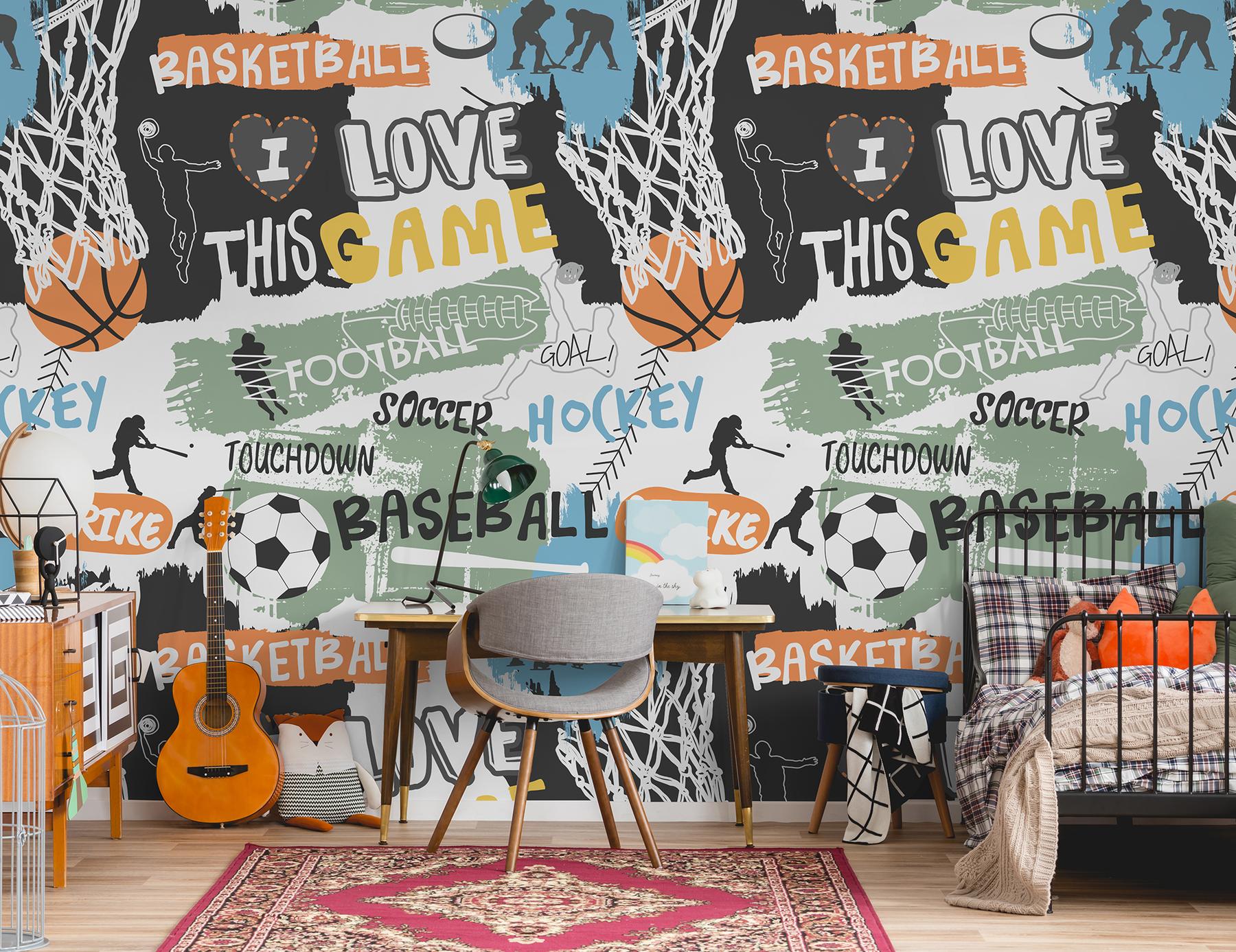 Youthful Sports Basketball Football Pattern Wallpaper Mural