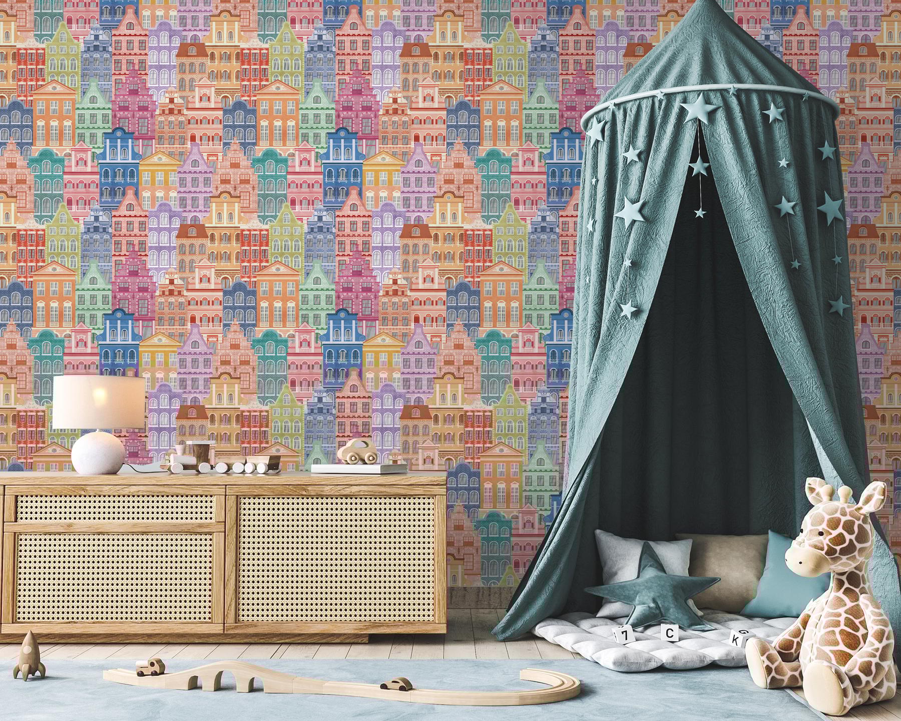 Whimsical Townhouse World for Kids Wallpaper Mural