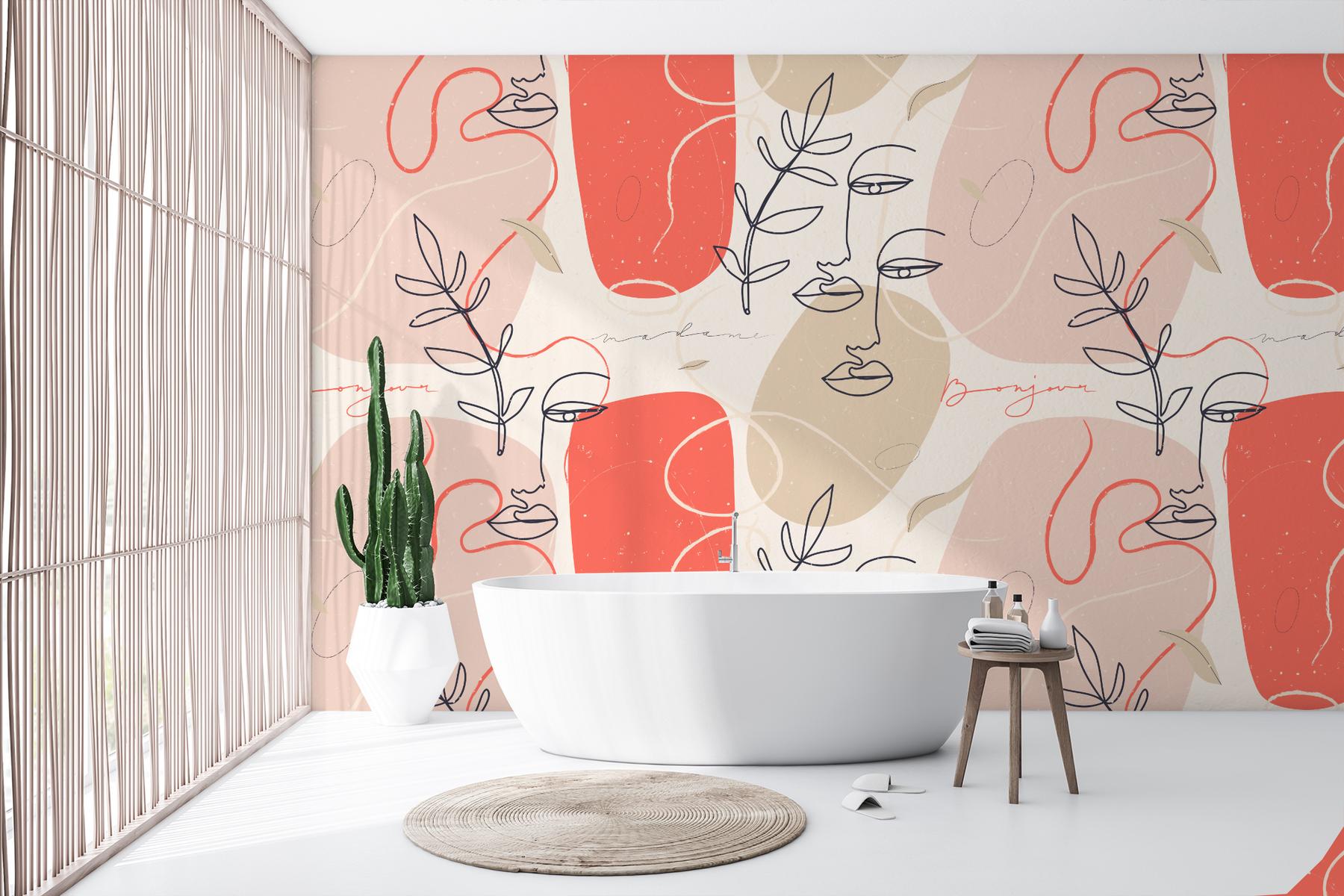 Modern Artistic Faces and Leaves Pattern Wallpaper Mural