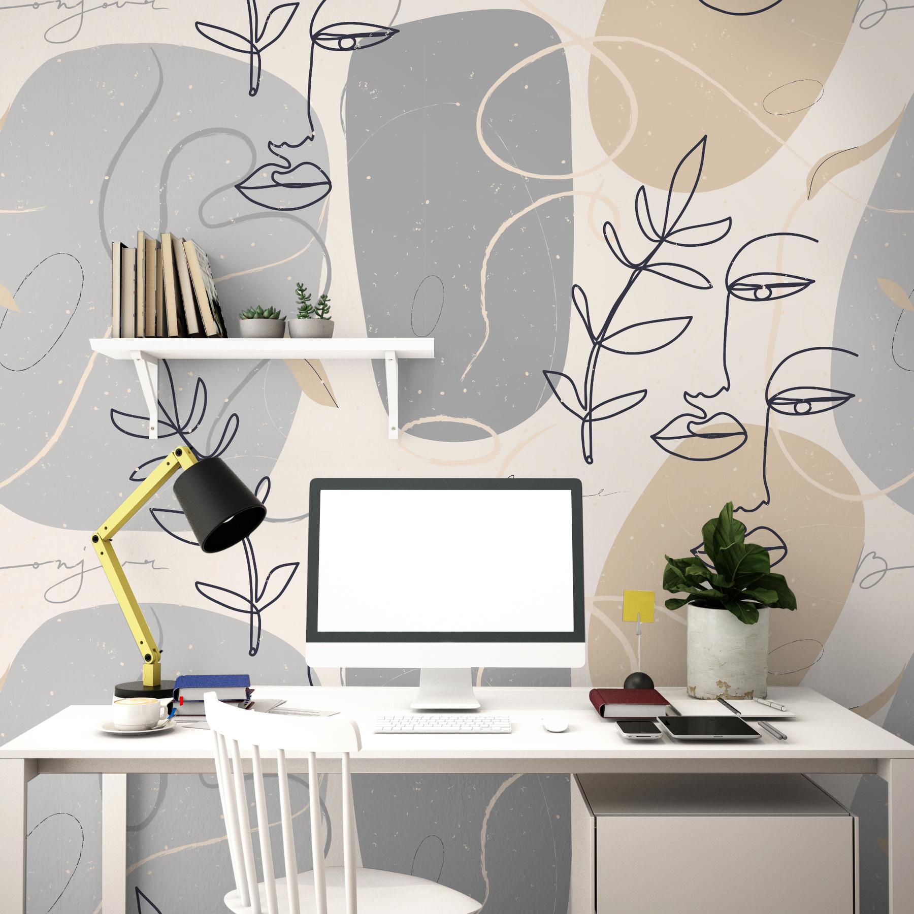 Modern Artistic Faces and Leaves Pattern Wallpaper Mural