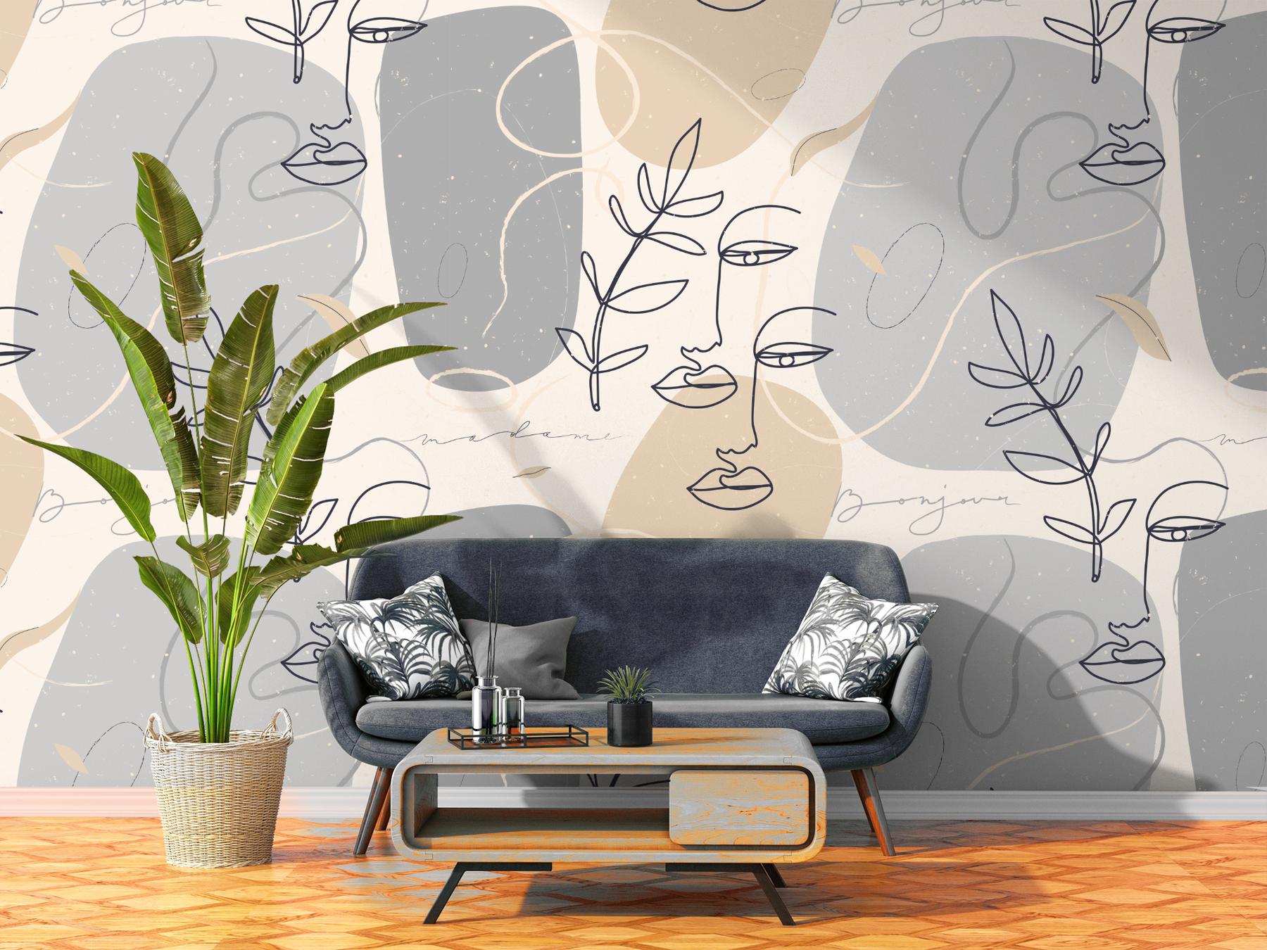 Modern Artistic Faces and Leaves Pattern Wallpaper Mural