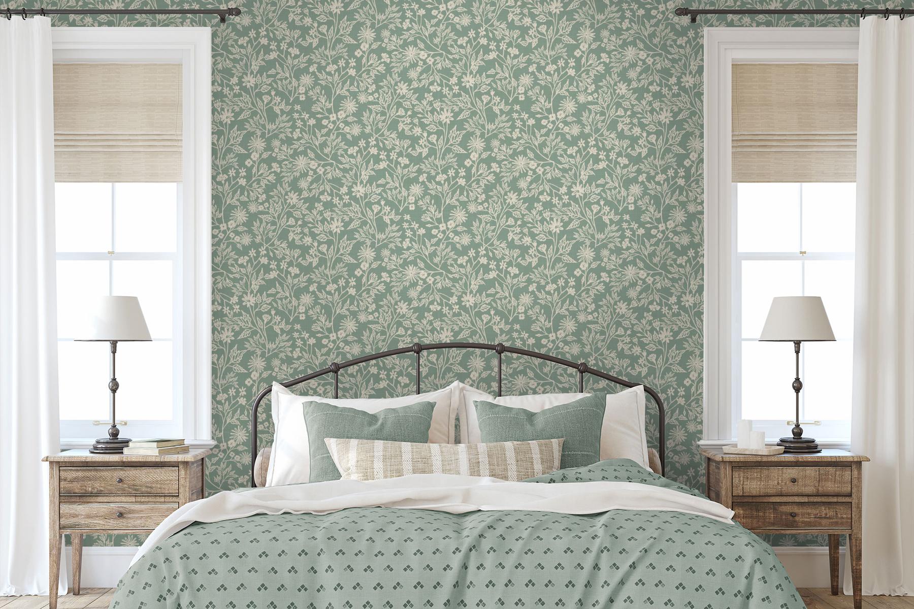 Sage Green Botanical Sketch Wallpaper Mural