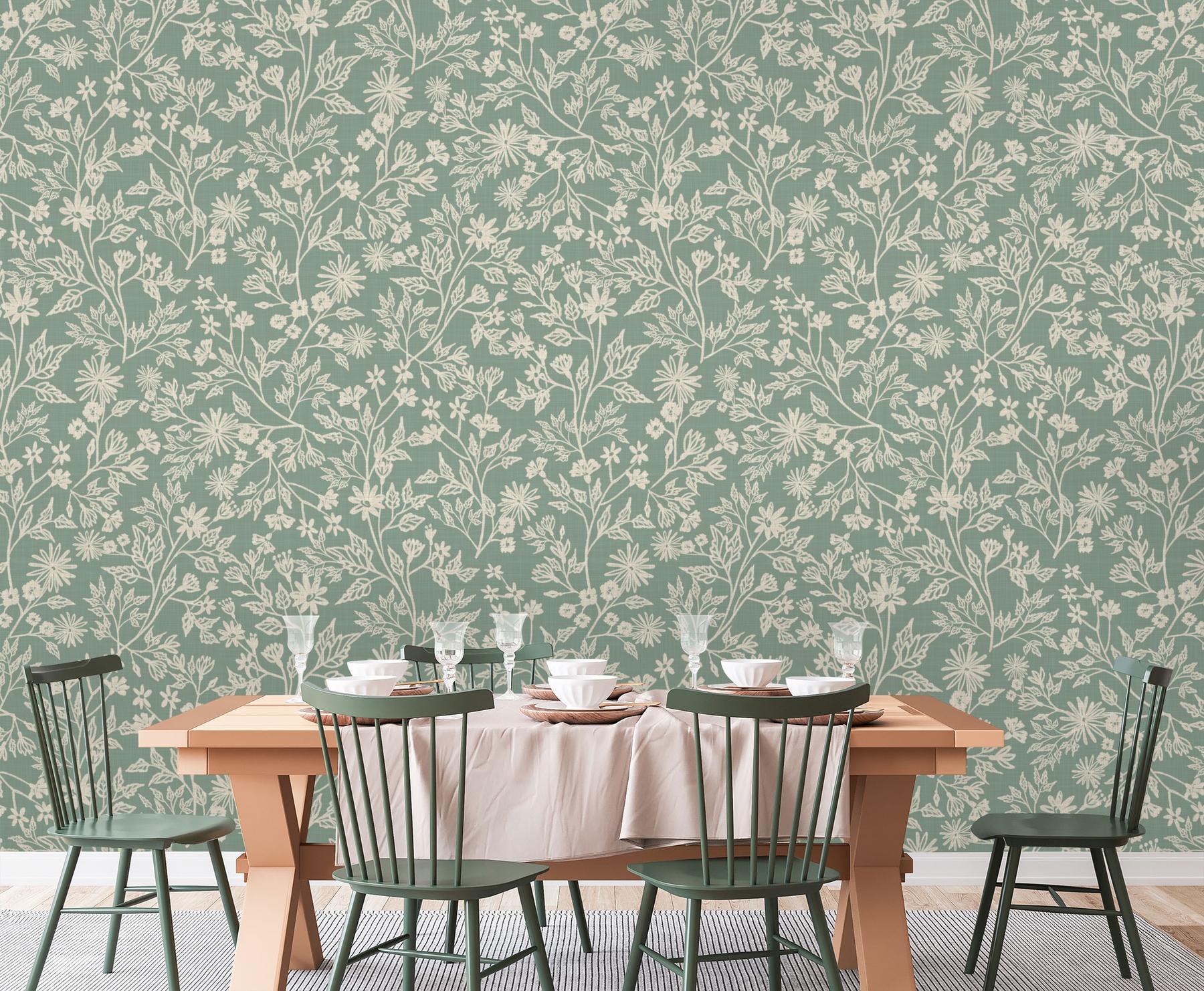 Sage Green Botanical Sketch Wallpaper Mural