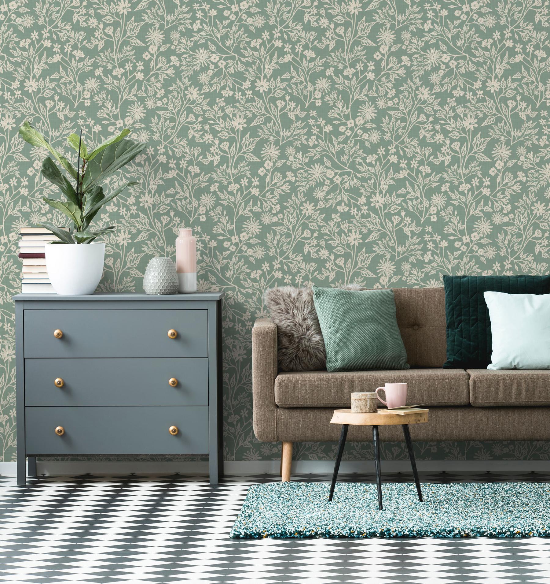 Sage Green Botanical Sketch Wallpaper Mural