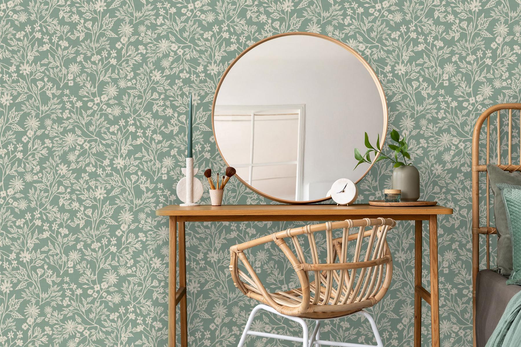 Sage Green Botanical Sketch Wallpaper Mural