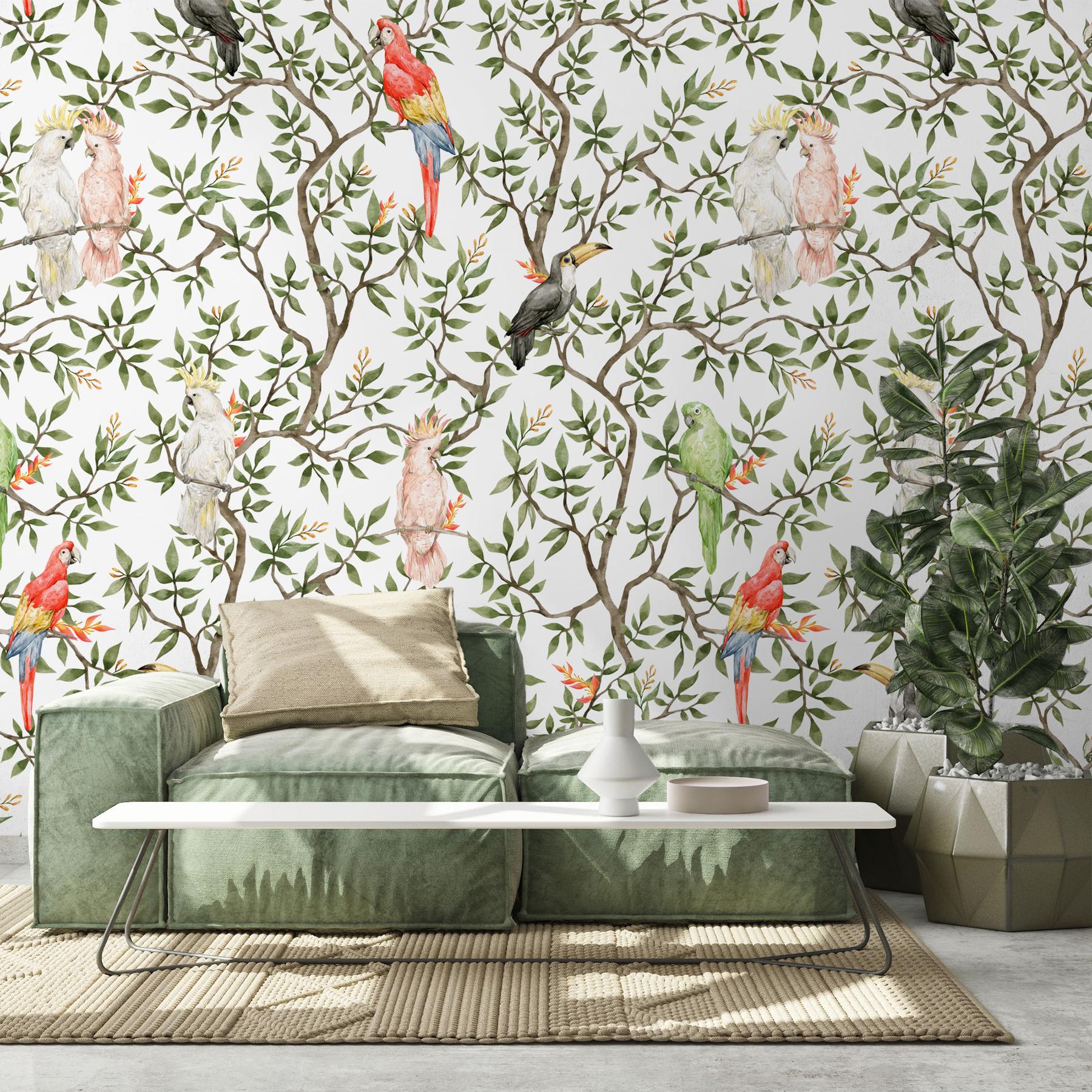 Colorful Parrots Paradise Botanical Wallpaper Mural