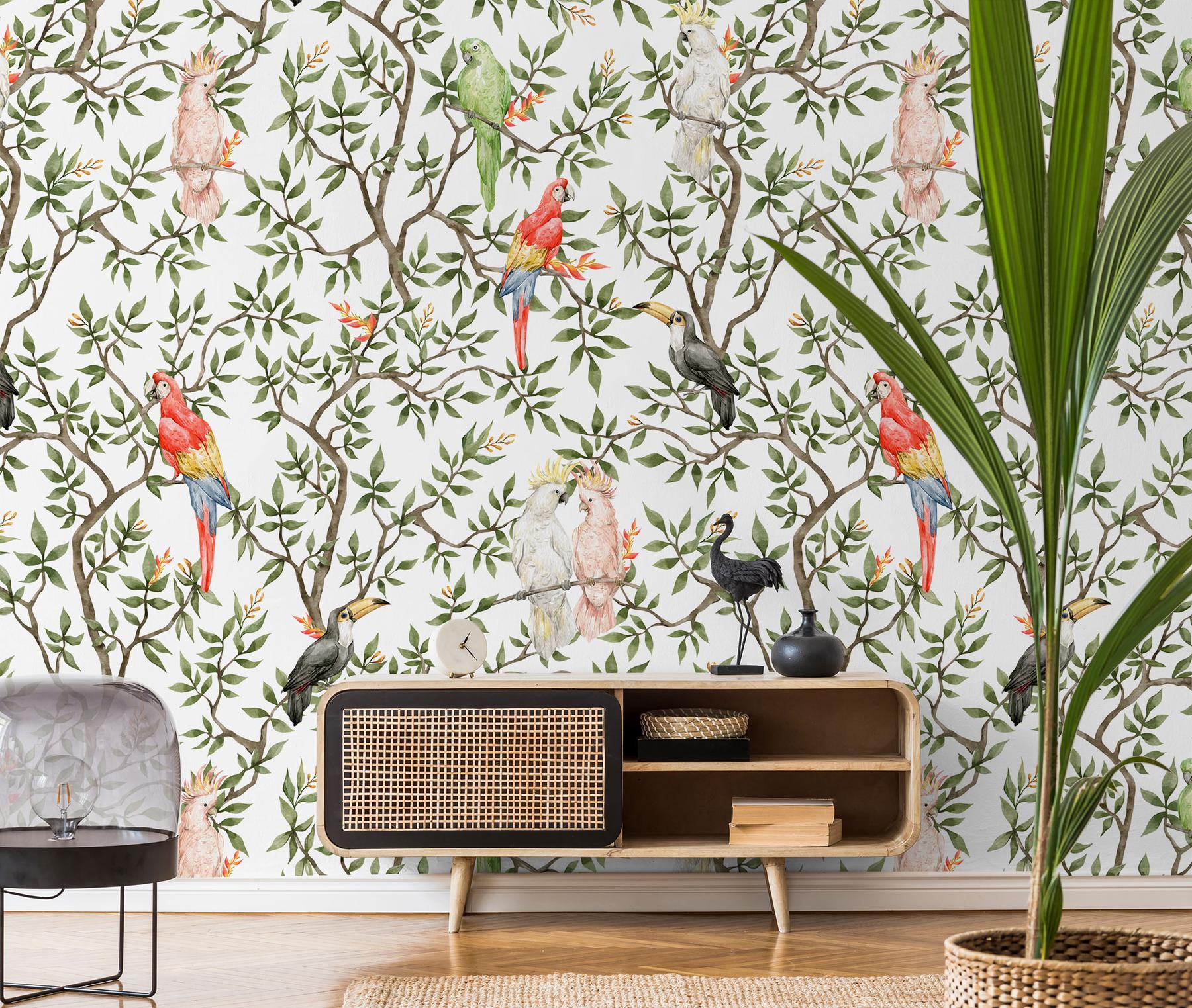 Colorful Parrots Paradise Botanical Wallpaper Mural