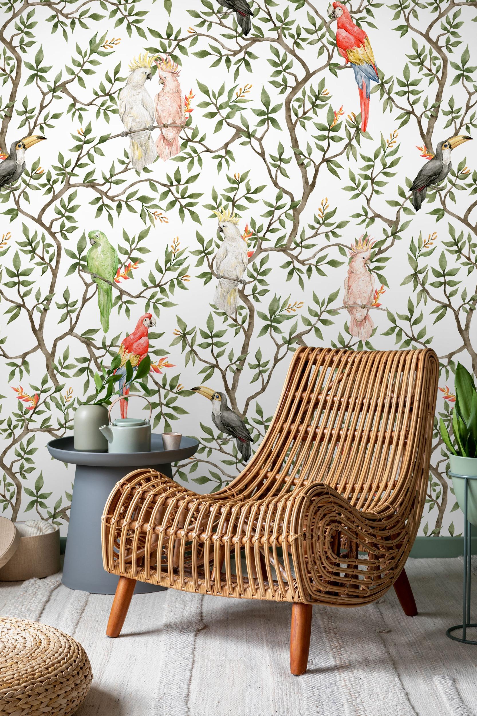 Colorful Parrots Paradise Botanical Wallpaper Mural