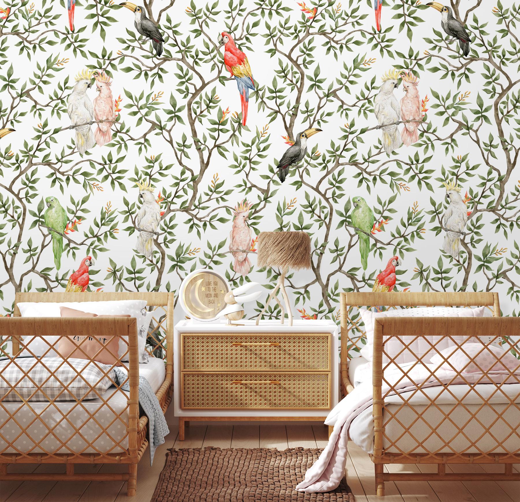 Colorful Parrots Paradise Botanical Wallpaper Mural