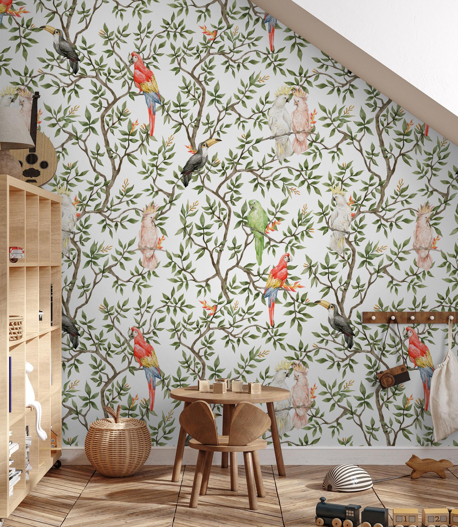 Colorful Parrots Paradise Botanical Wallpaper Mural