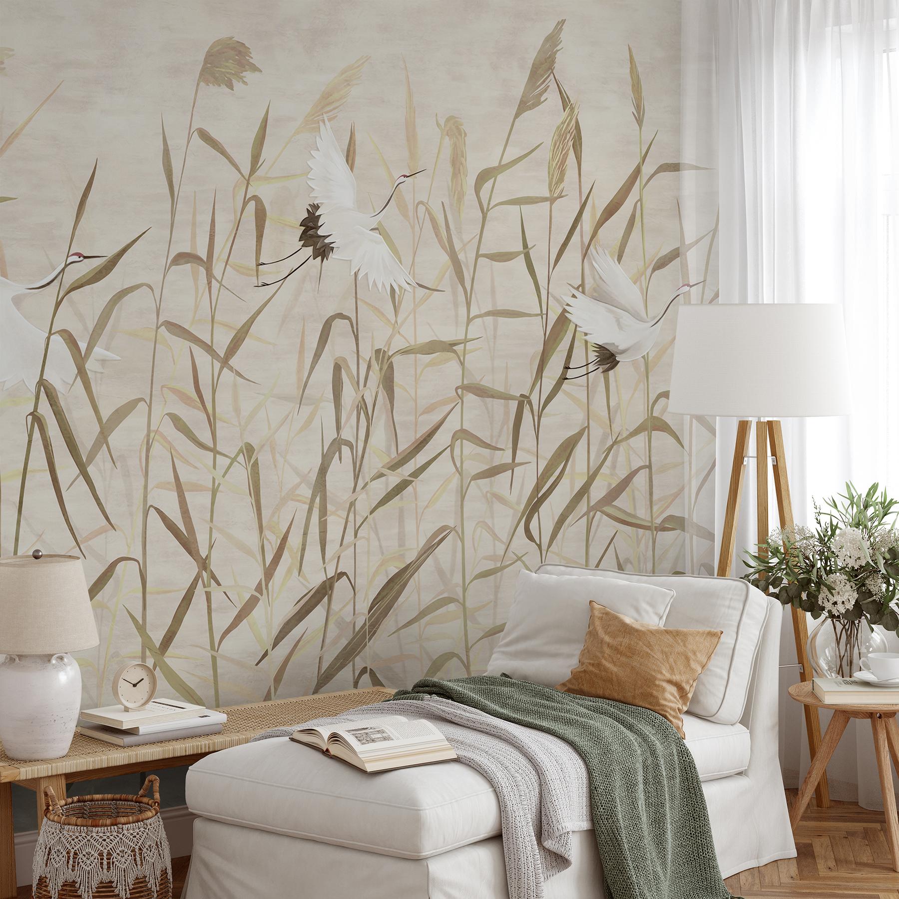 Graceful Cranes in Reeds Neutral Wallpaper Mural