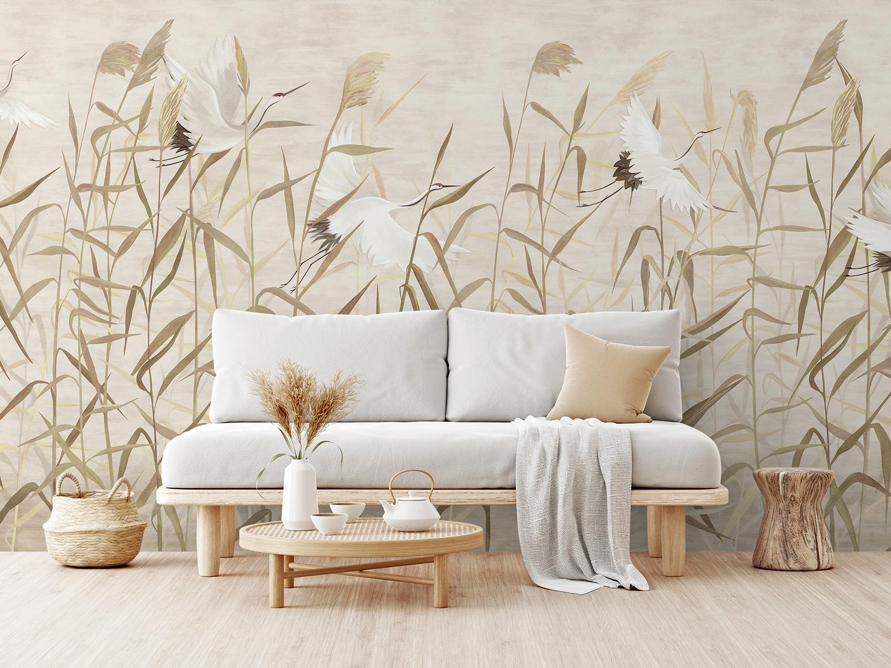 Graceful Cranes in Reeds Neutral Wallpaper Mural