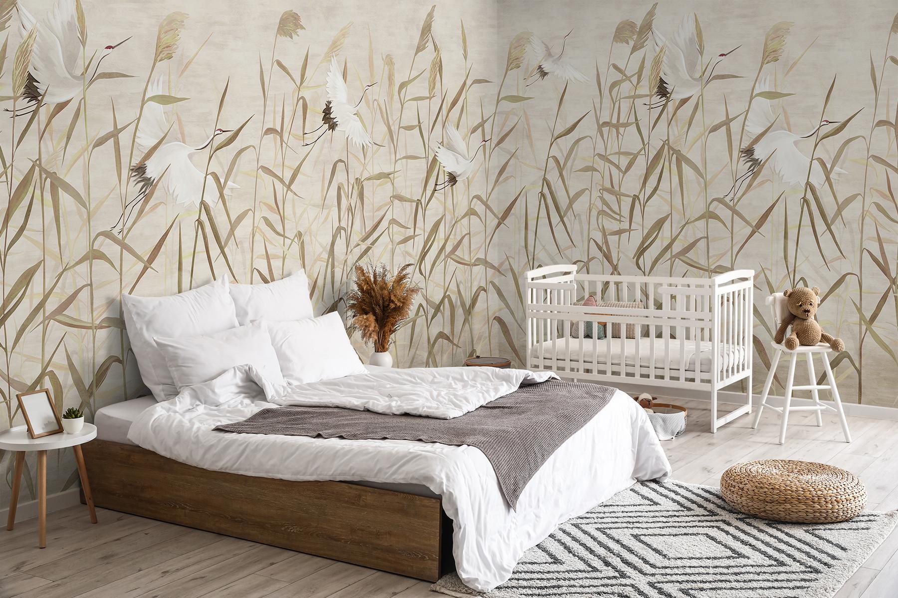 Graceful Cranes in Reeds Neutral Wallpaper Mural