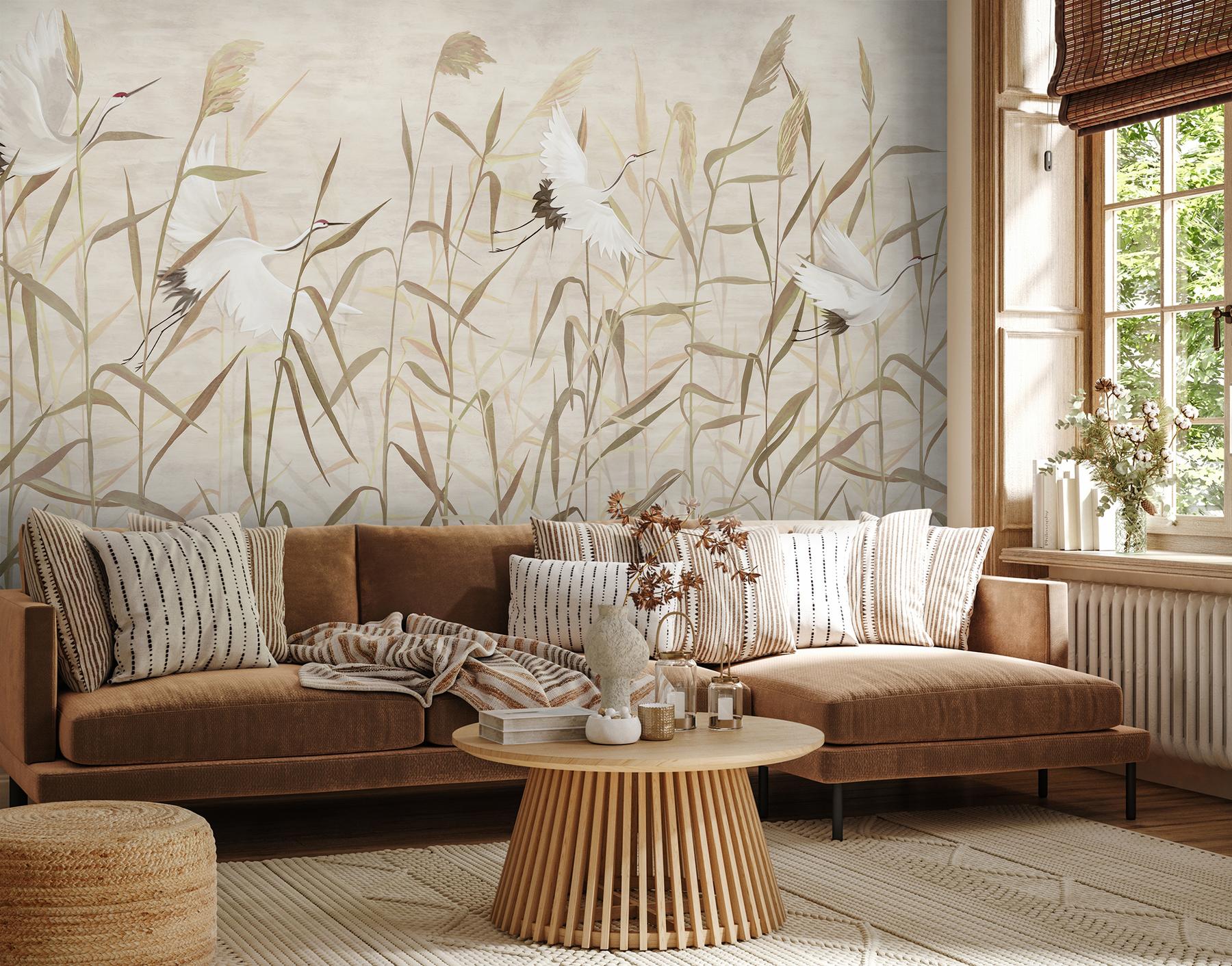 Graceful Cranes in Reeds Neutral Wallpaper Mural