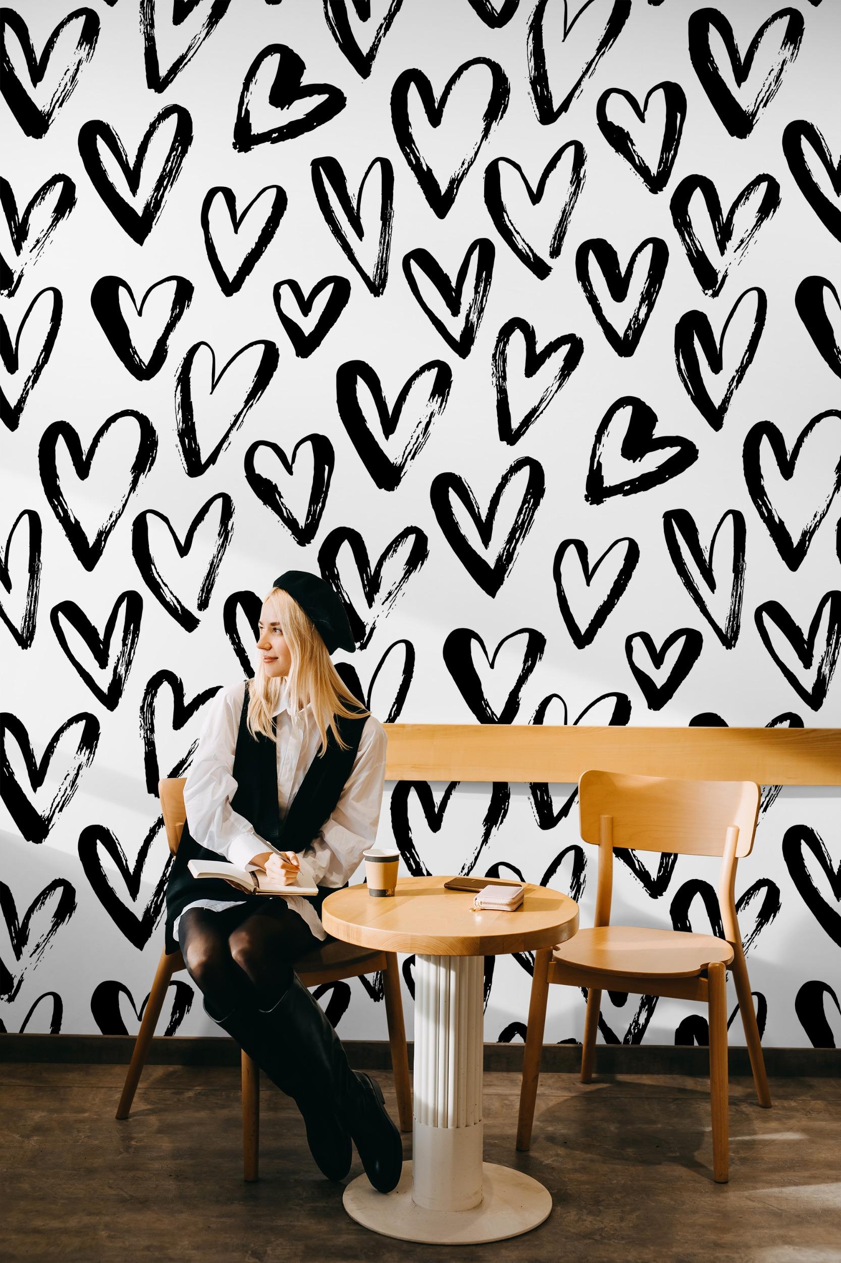 Artistic Hand Drawn Hearts Pattern Wallpaper Mural