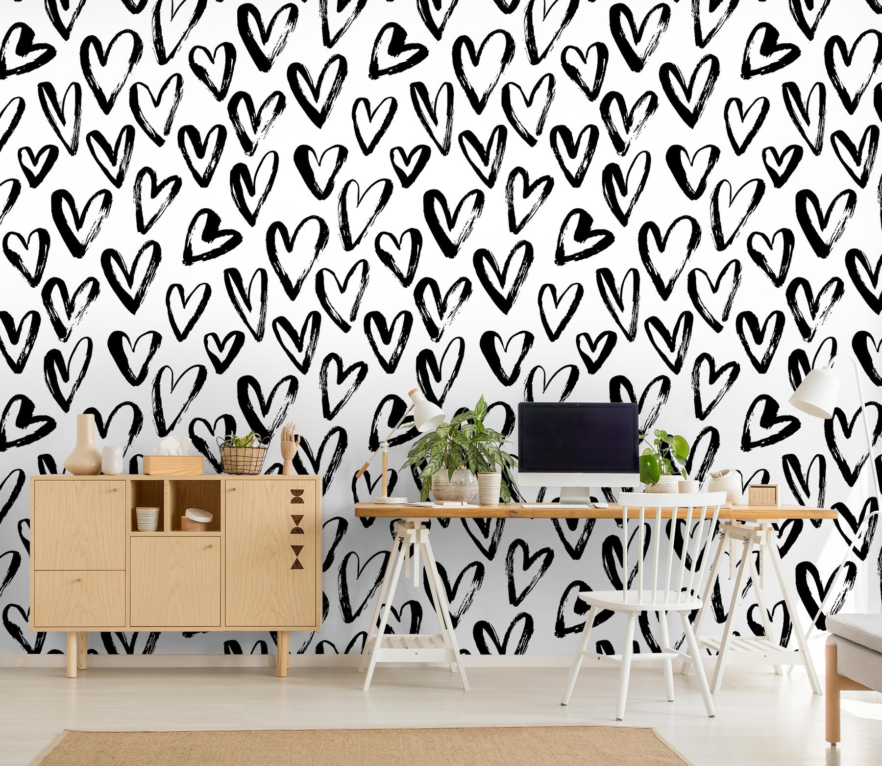 Artistic Hand Drawn Hearts Pattern Wallpaper Mural