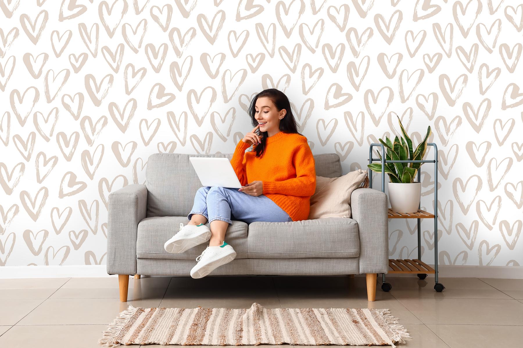 Artistic Hand Drawn Hearts Pattern Wallpaper Mural