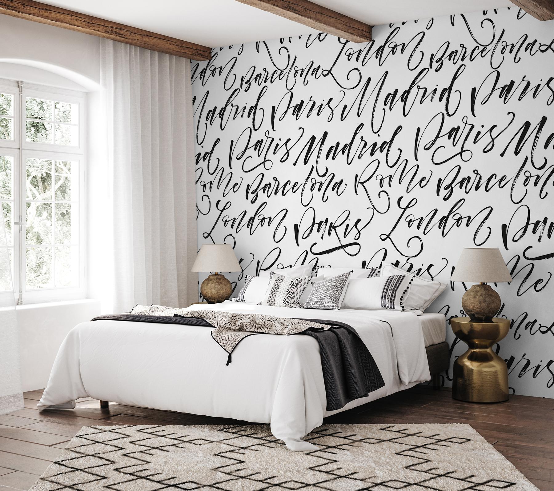 Calligraphy Cities Black and White Wallpaper Mural
