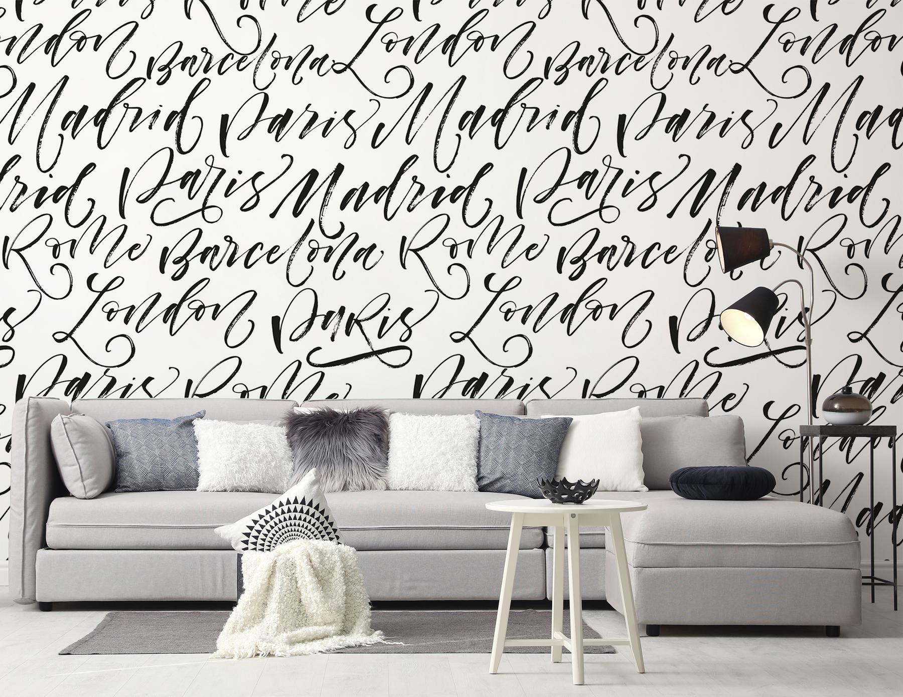Calligraphy Cities Black and White Wallpaper Mural