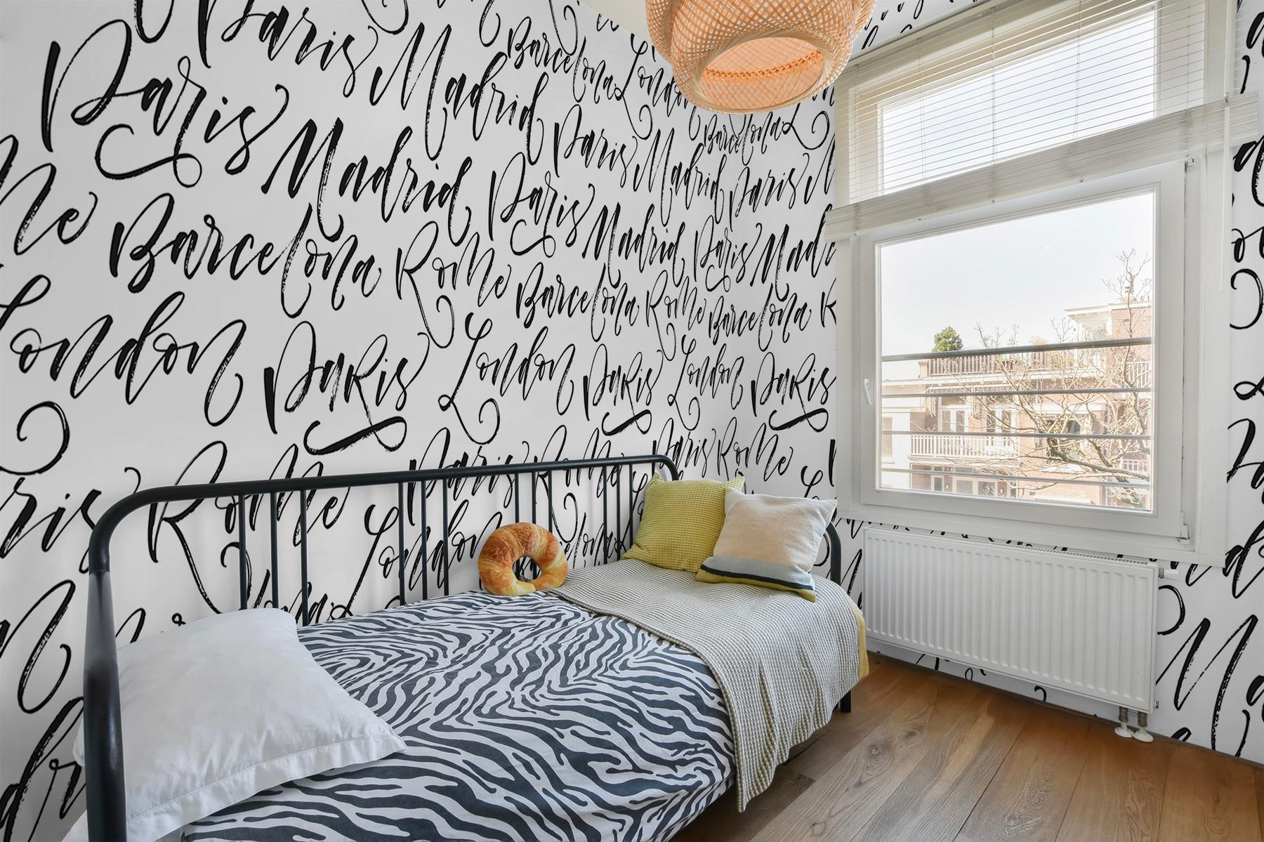 Calligraphy Cities Black and White Wallpaper Mural