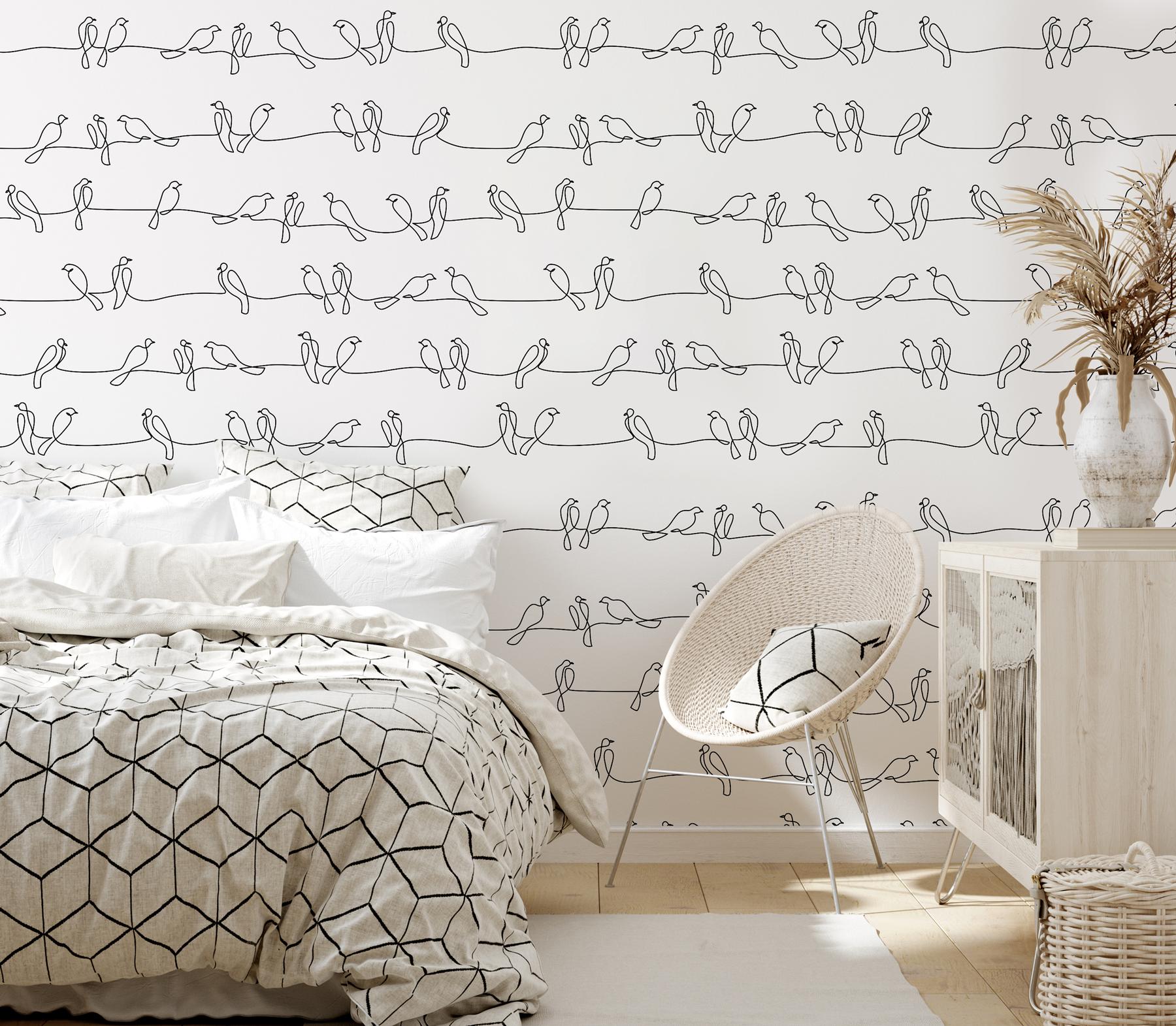 Minimalist Line Art Birds Pattern Wallpaper Mural