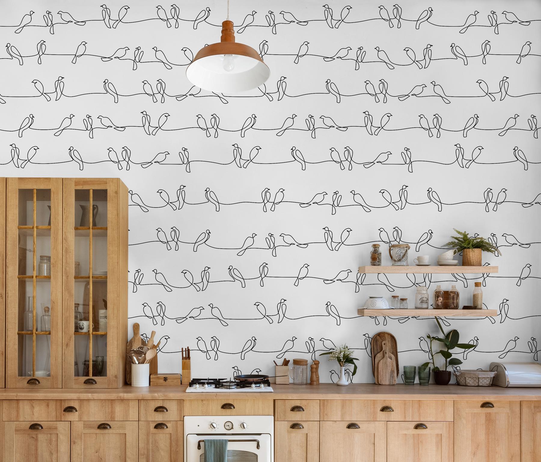Minimalist Line Art Birds Pattern Wallpaper Mural
