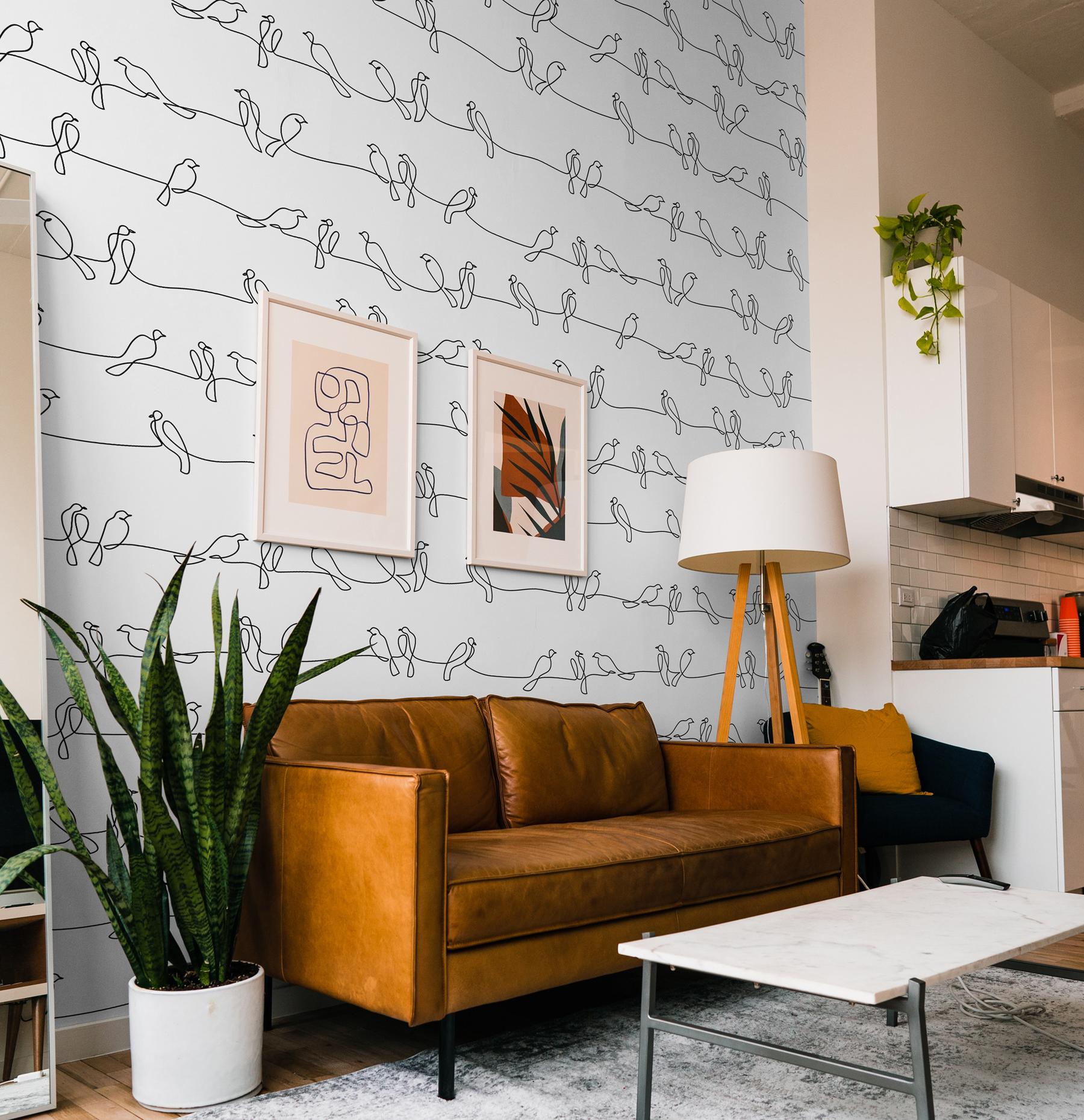 Minimalist Line Art Birds Pattern Wallpaper Mural