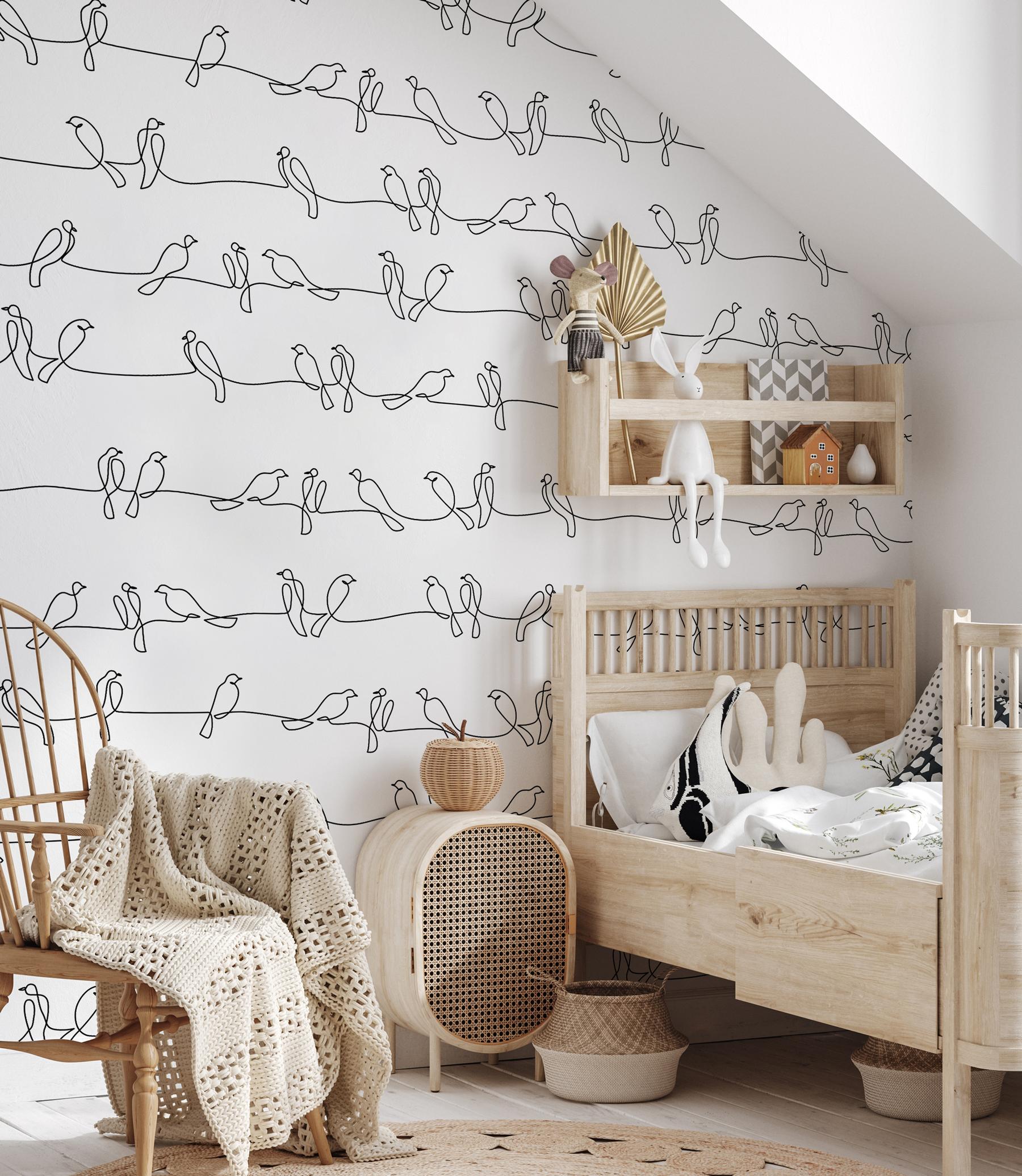 Minimalist Line Art Birds Pattern Wallpaper Mural
